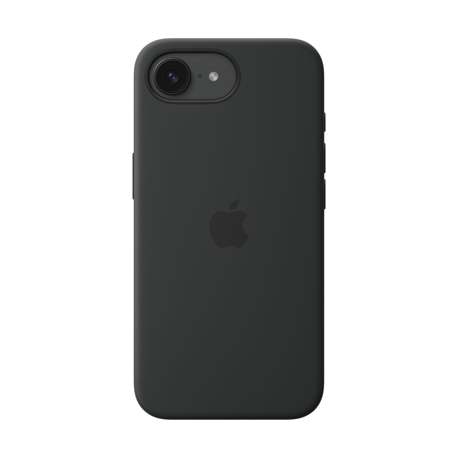 Zwarte iPhone met zwarte hoes. Het Apple-logo is in het midden zichtbaar.