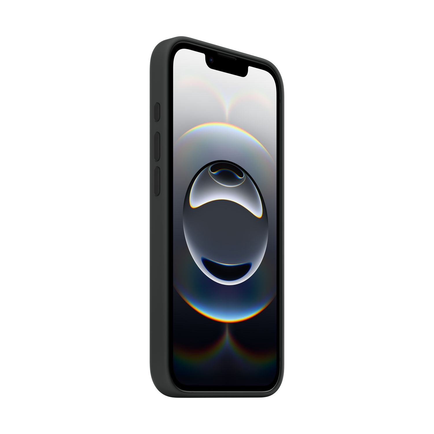Een zwarte telefoon in een zwarte hoes. Het scherm toont een helder, reflecterend ontwerp. Zijaanzicht.