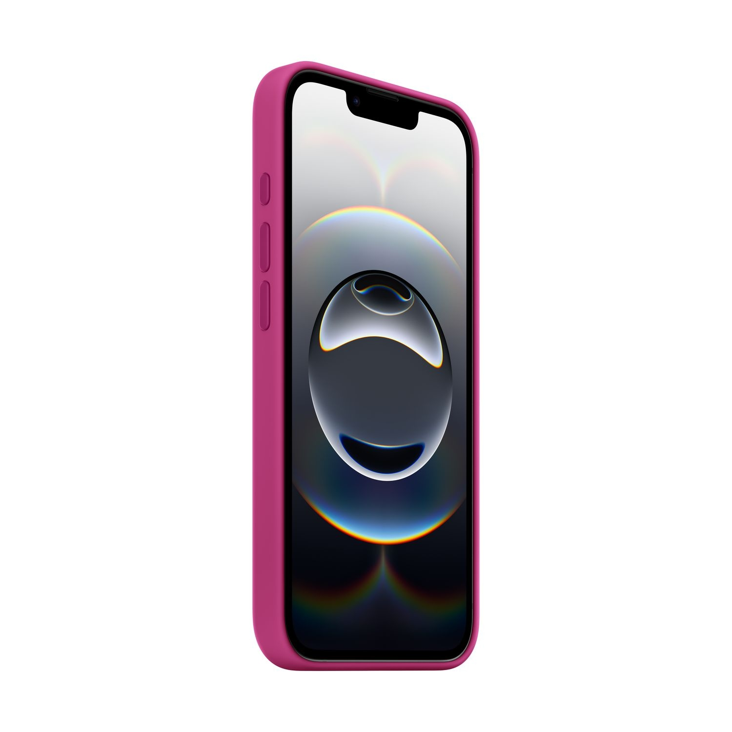Roze telefoonhoesje op een telefoon, zijaanzicht, met een zwart scherm.