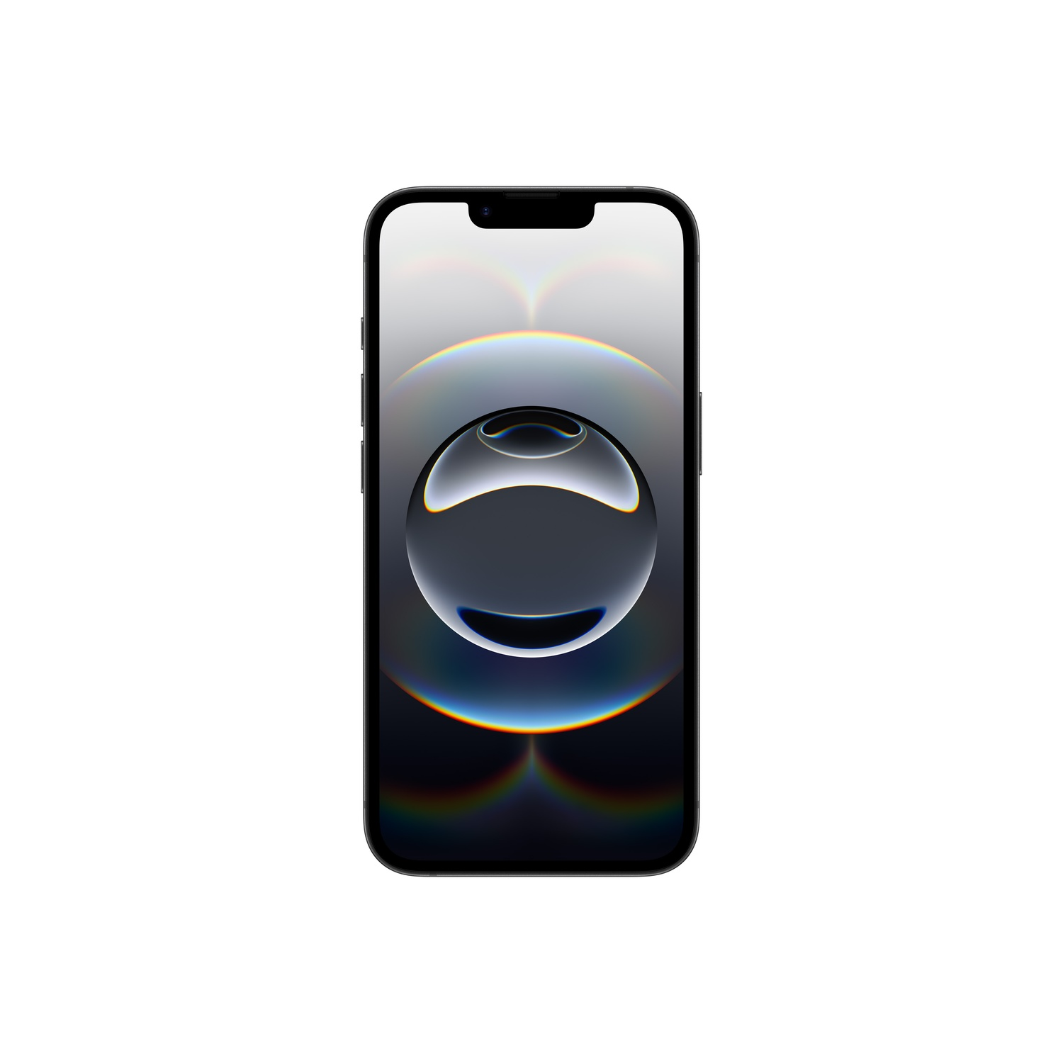 Un téléphone noir avec un grand écran, affichant un design brillant et réfléchissant. Fond blanc.