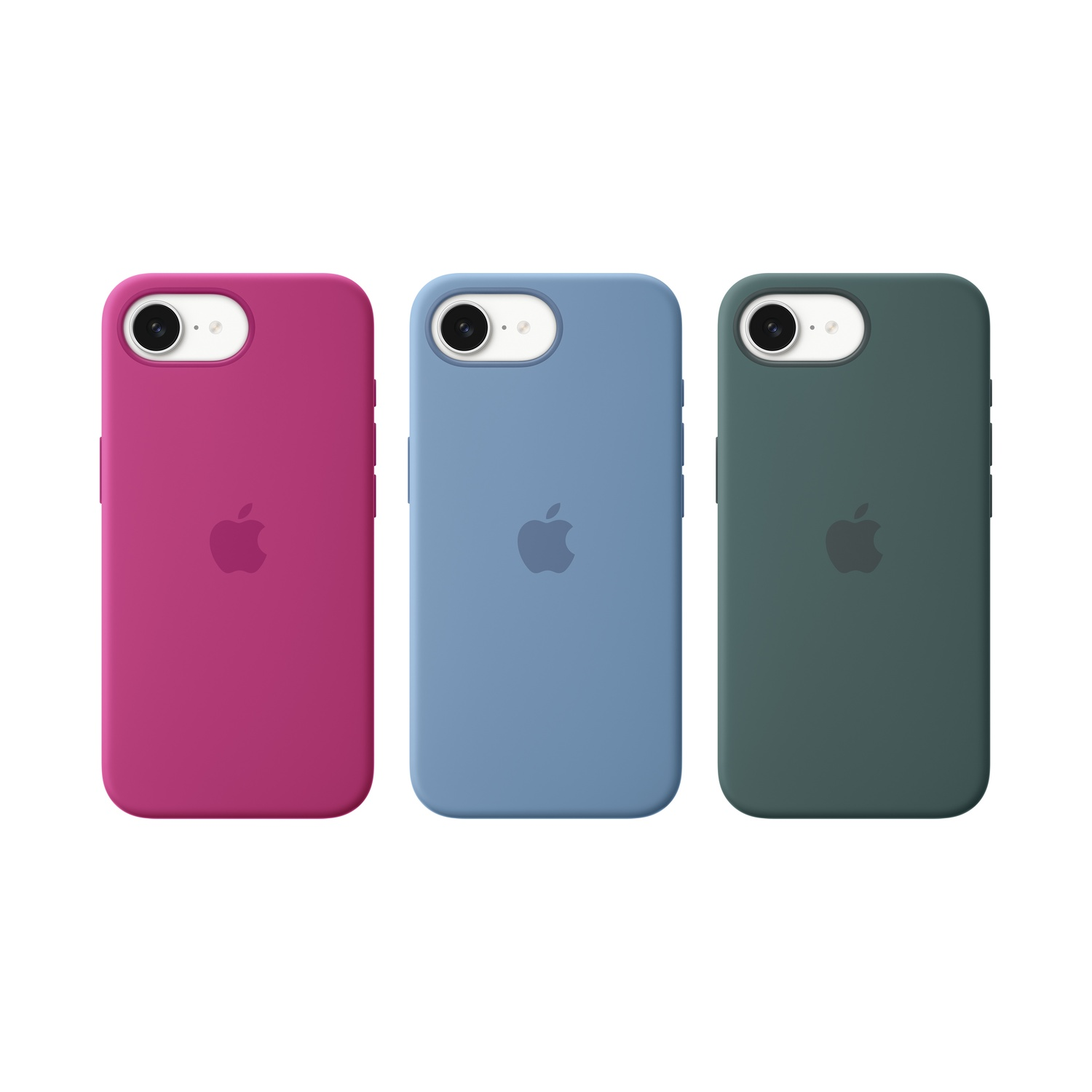 Trois coques de téléphone colorées : rose, bleu et vert, chacune avec un logo Apple. Fond blanc.