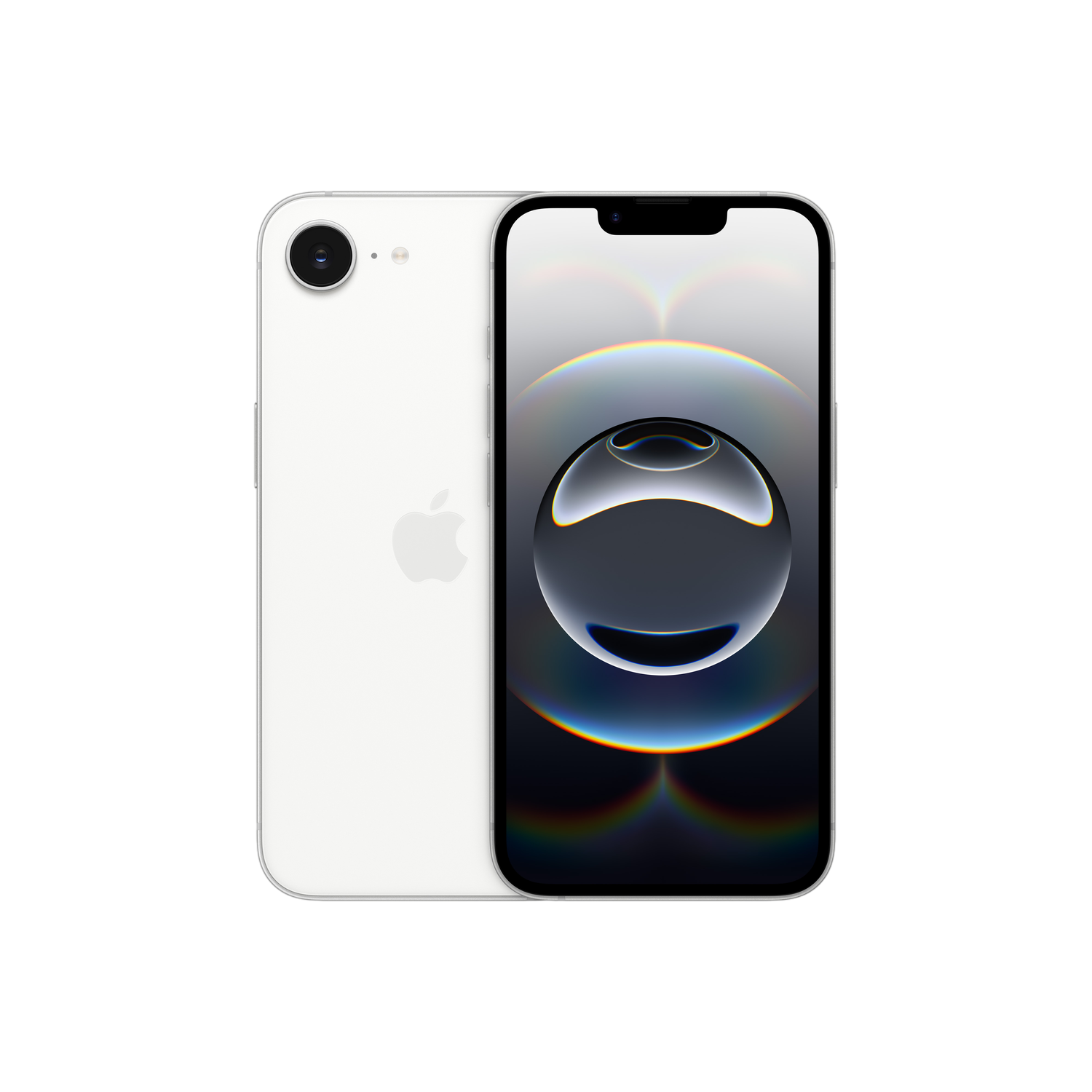 Deux iPhones blancs, l'un affichant un écran avec effet sphère.