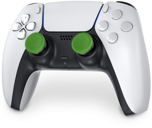 Biało-czarny kontroler Playstation z zielonymi uchwytami na kciuki. Tło jest białe.