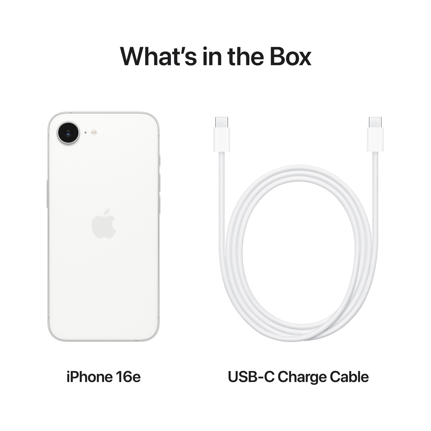 Witte iPhone 16e en witte USB-C-kabel op witte achtergrond. Tekst: Wat zit er in de doos?