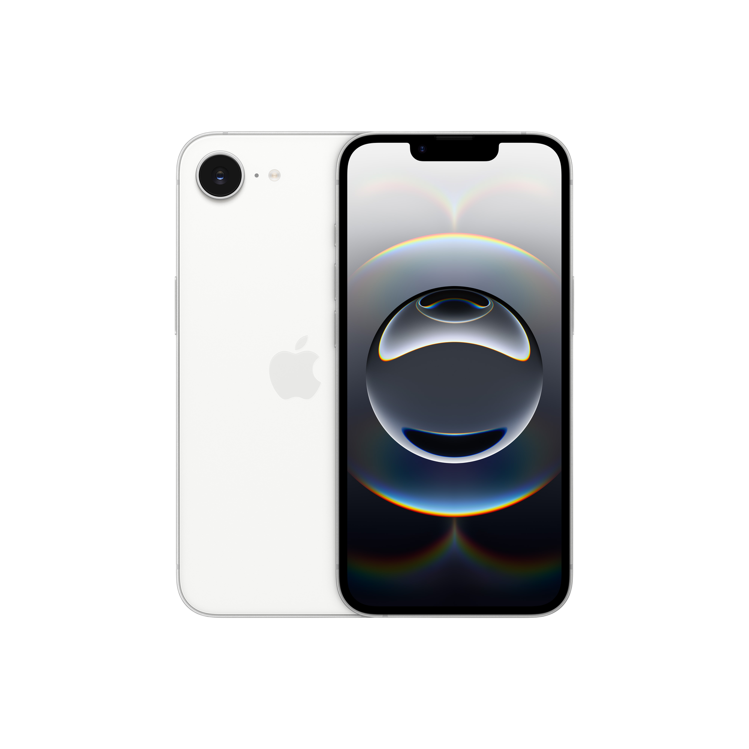 Witte iPhone, voor- en achteraanzicht, met een zwart scherm dat een afbeelding toont.