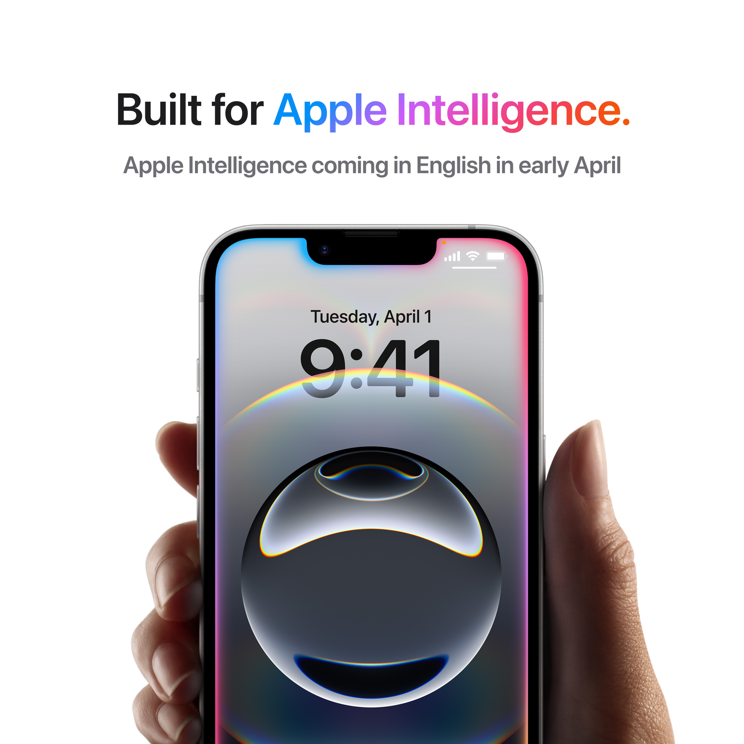 Een hand die een telefoon met een kleurrijk scherm vasthoudt, tekst over Apple Intelligence.