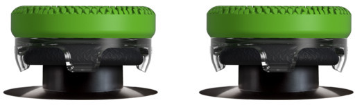 Dwie zielone nakładki na joystick z czarną podstawą i przezroczystymi akcentami.