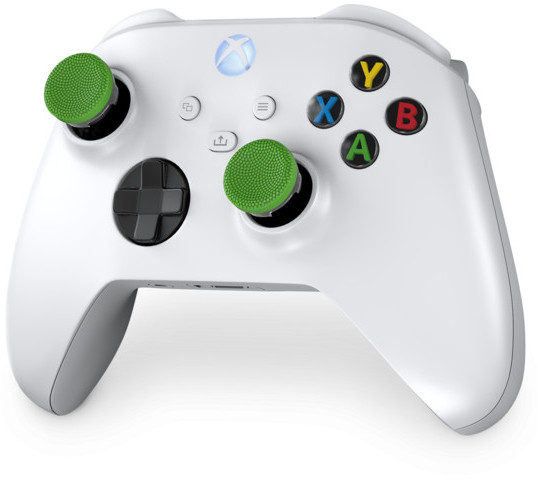Biały kontroler Xbox z zielonymi uchwytami na kciuki i kolorowymi przyciskami.