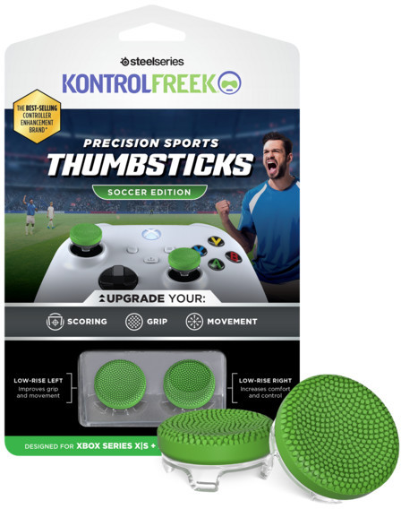 Opakowanie thumbsticks KontrolFreek. Zielone thumbsticki, motyw piłkarski.