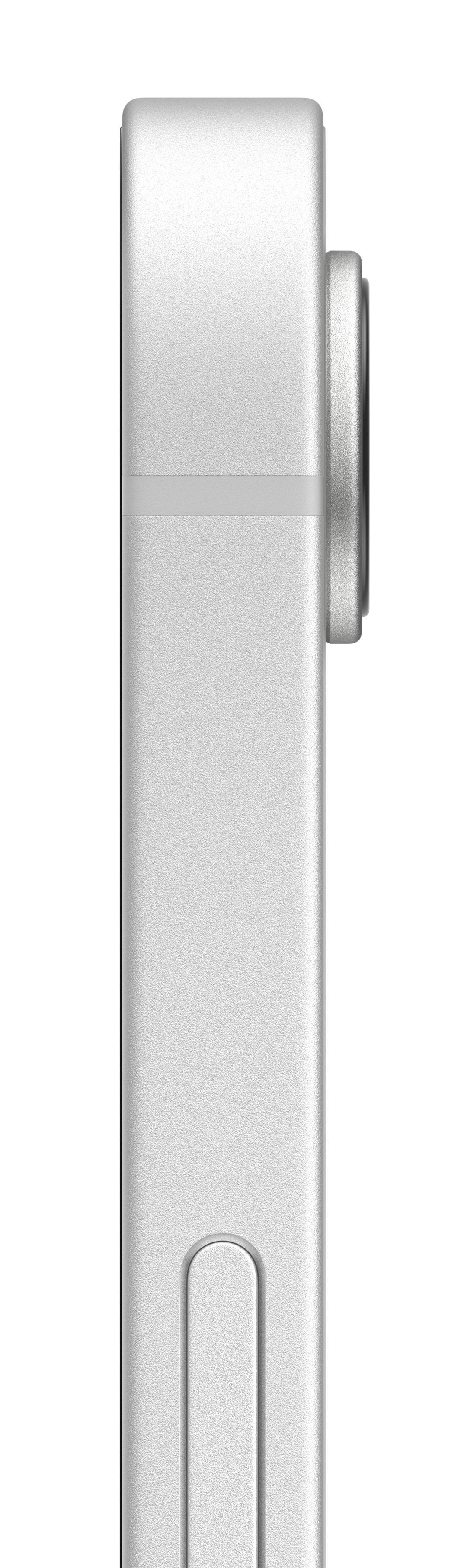 Widok z boku białego smartfona. Pokazuje boczne przyciski i wypukłość kamery.