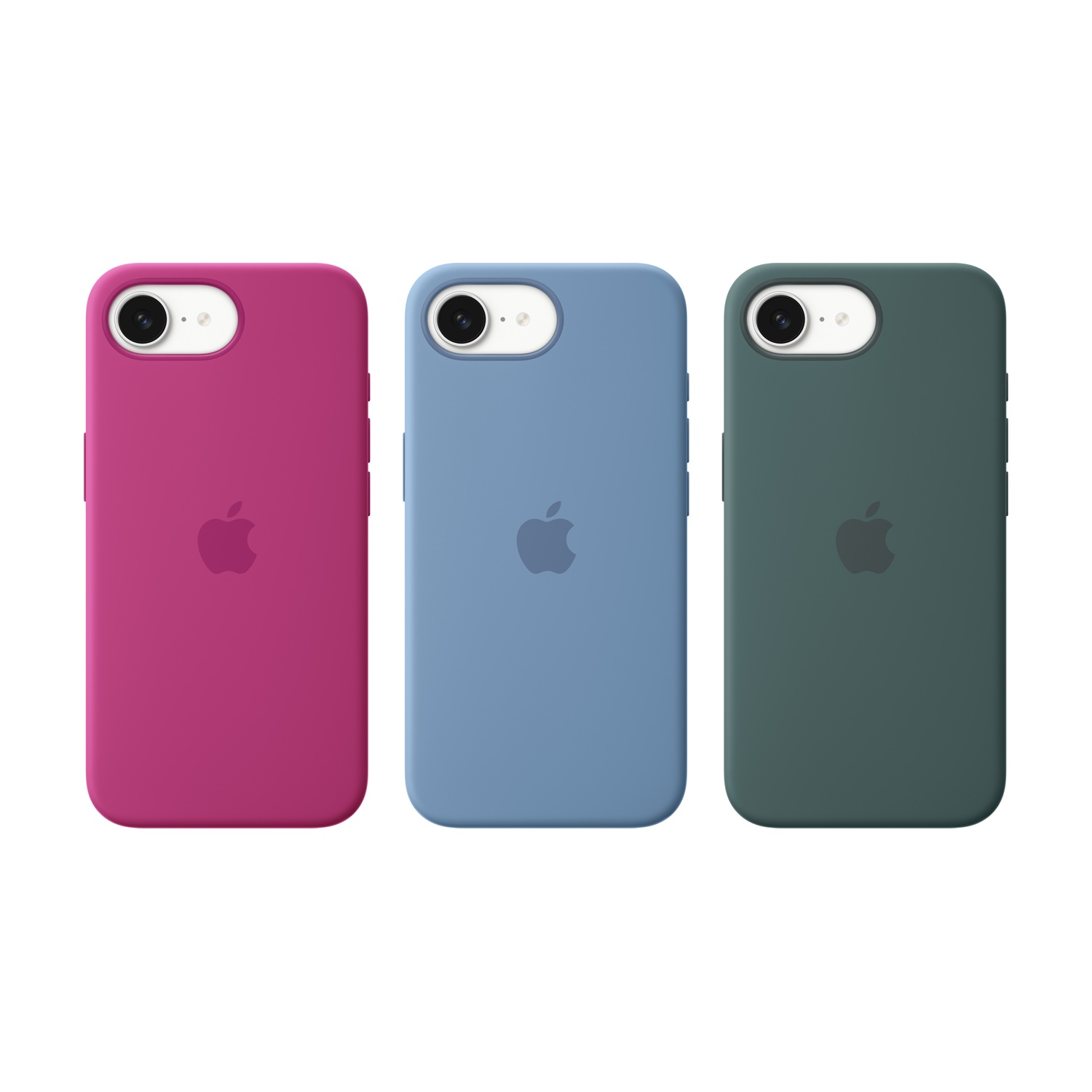Tre custodie per telefono rosa, blu e verde, ciascuna con logo Apple, su sfondo bianco.