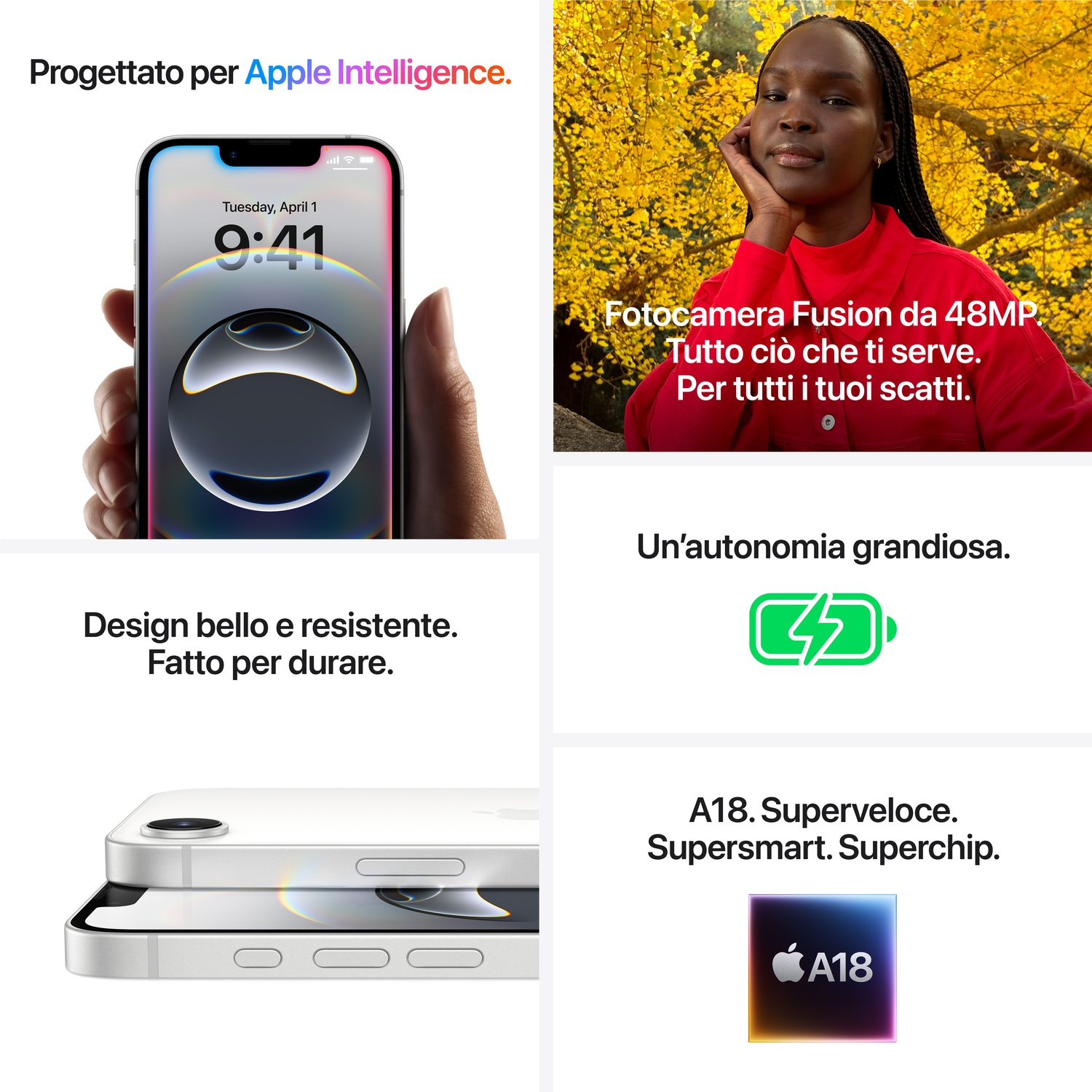 Promozione prodotto con un iPhone, testo e icone. Lo sfondo include una donna e un albero giallo.