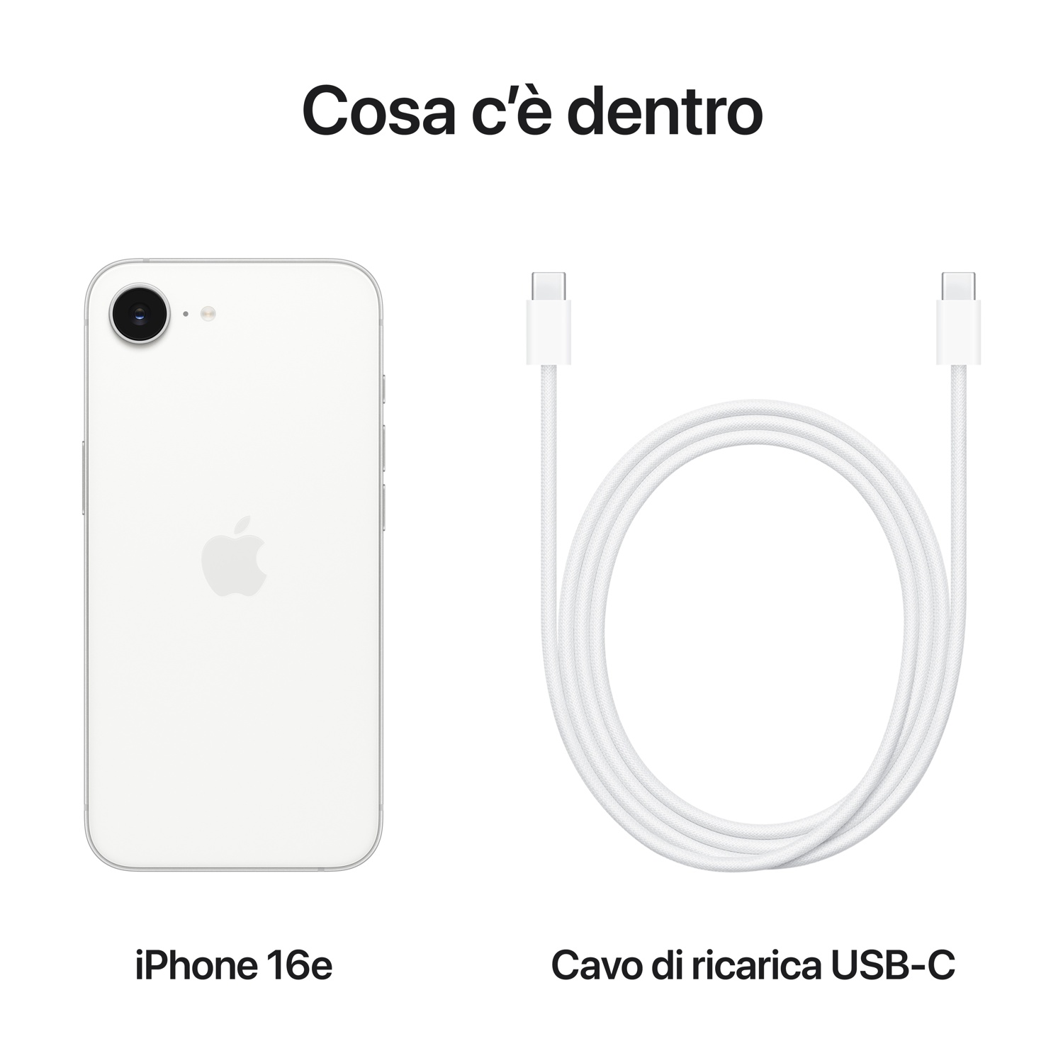 iPhone 16e e cavo di ricarica USB-C bianco, presentato in italiano.
