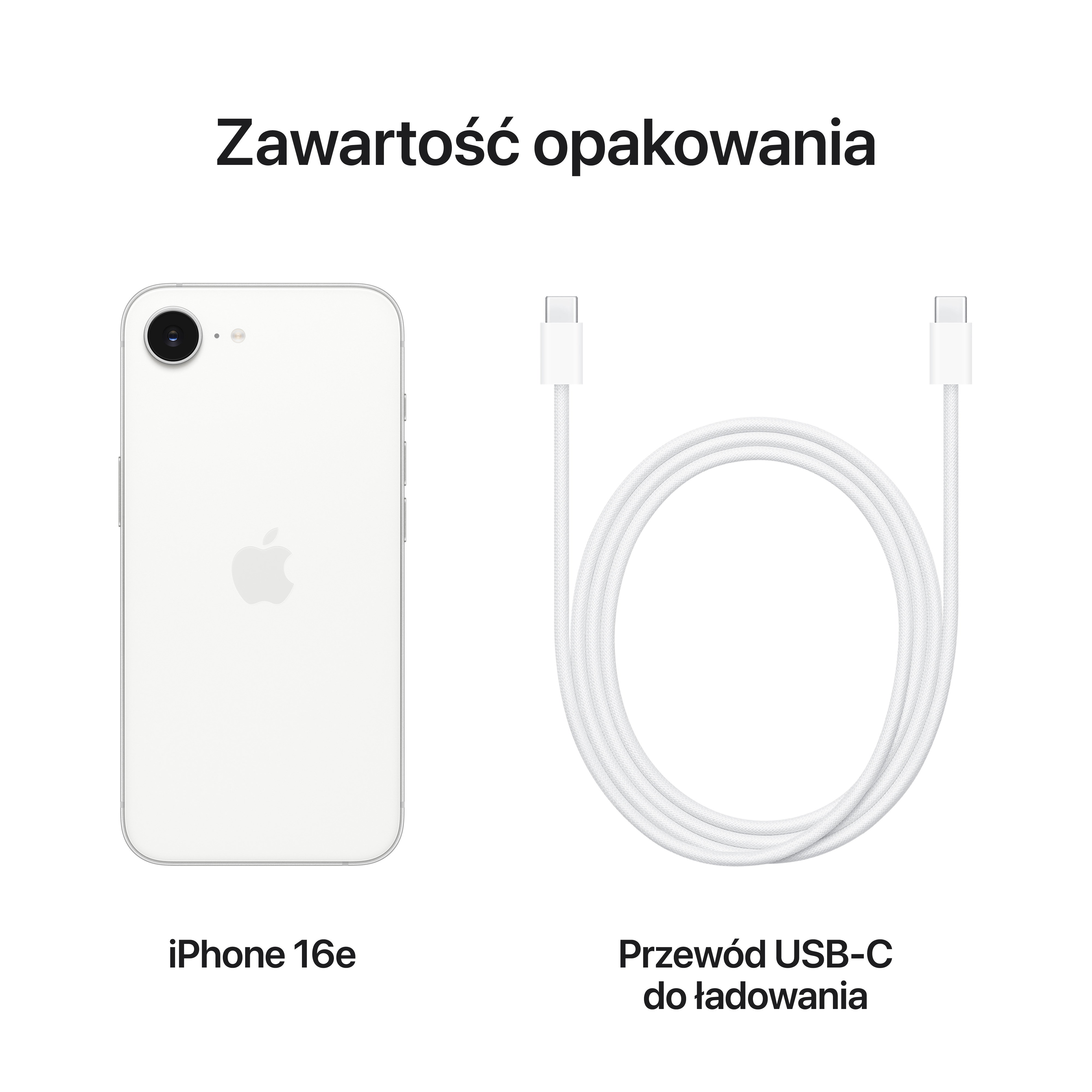 Biały telefon i kabel ładujący. Tekst: iPhone 16e, kabel ładujący USB-C.