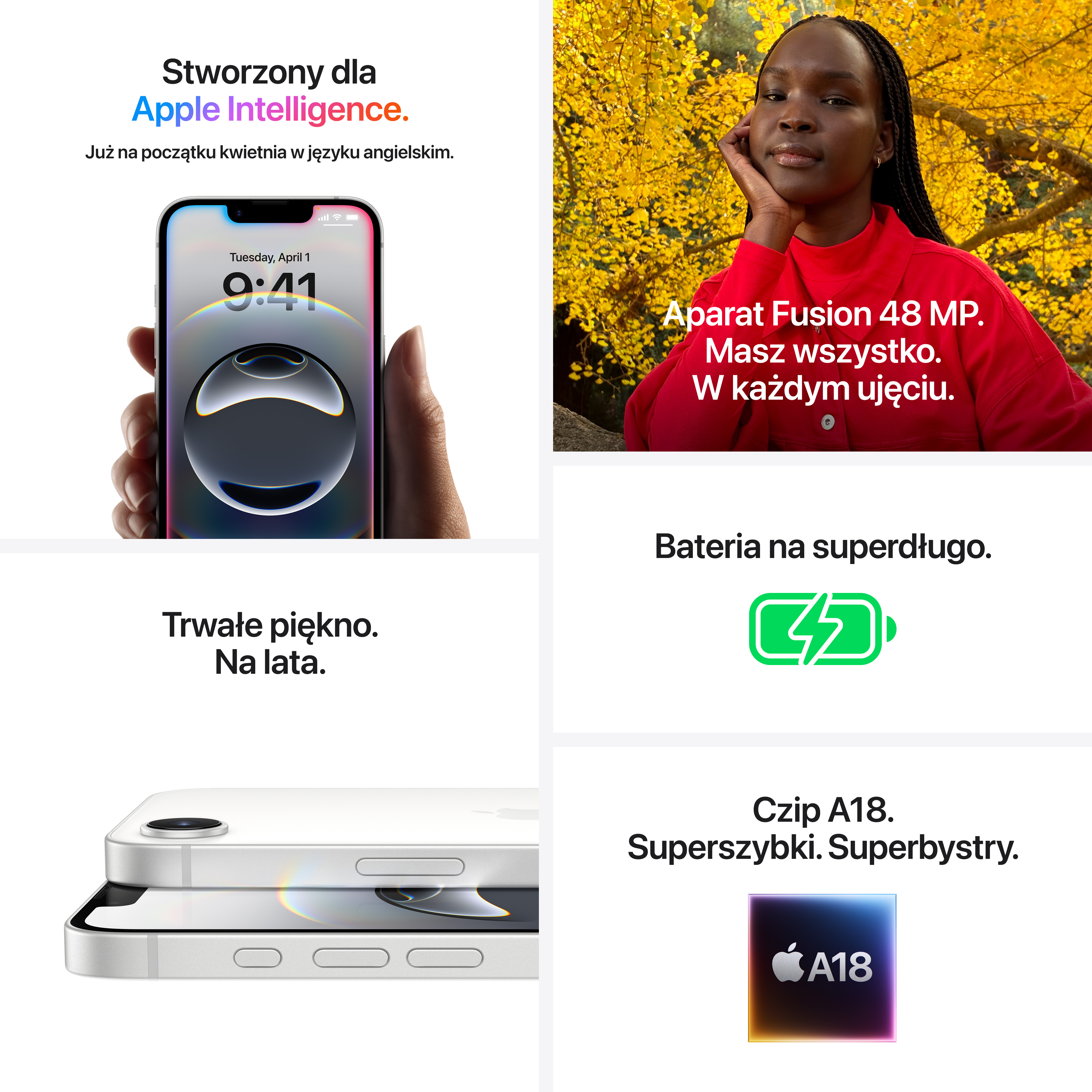 Obraz promocyjny z telefonem, tekstem i grafiką w języku polskim, reklamujący funkcje Apple.