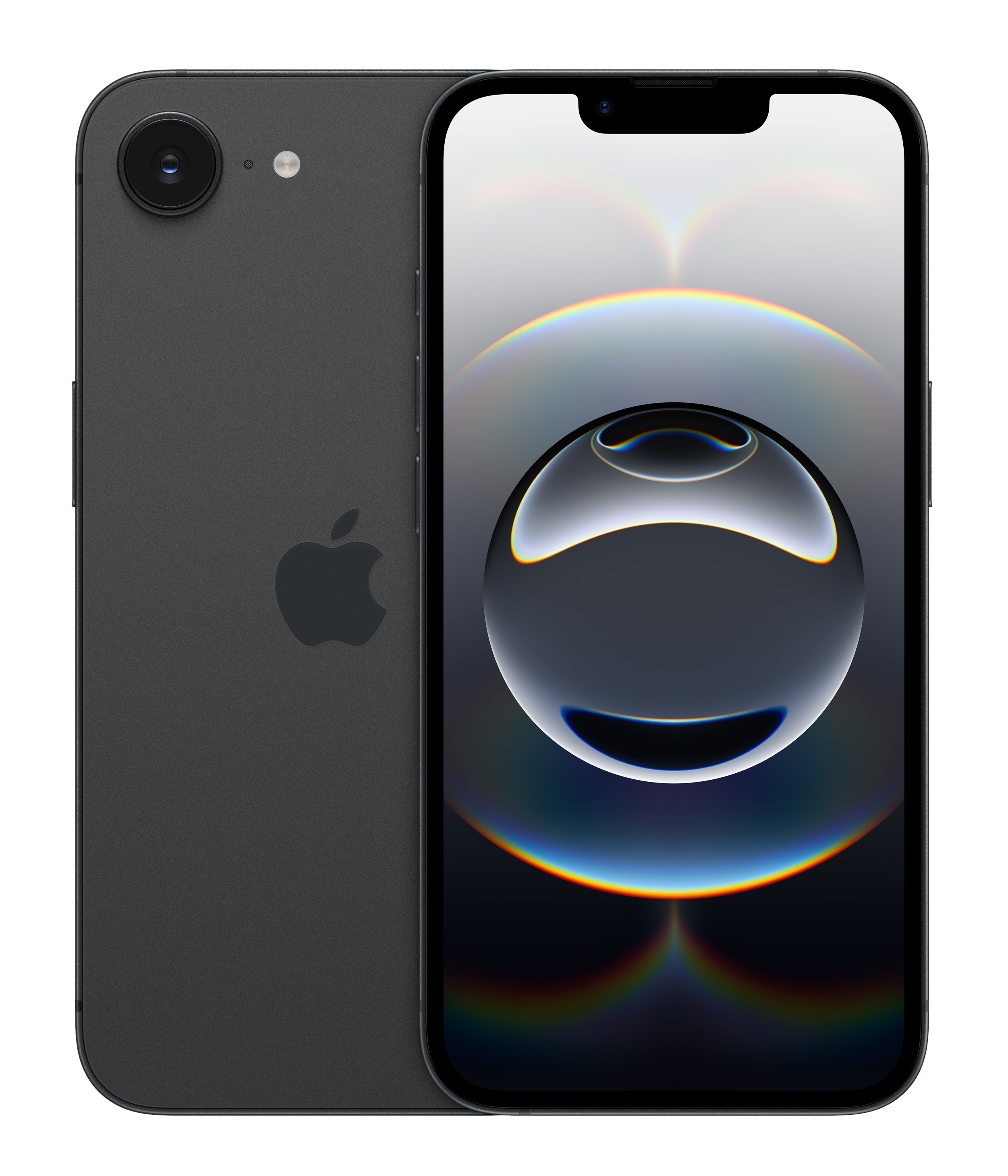 Czarny iPhone z aparatem i logo Apple, z innym telefonem pokazującym kolorowe tło.