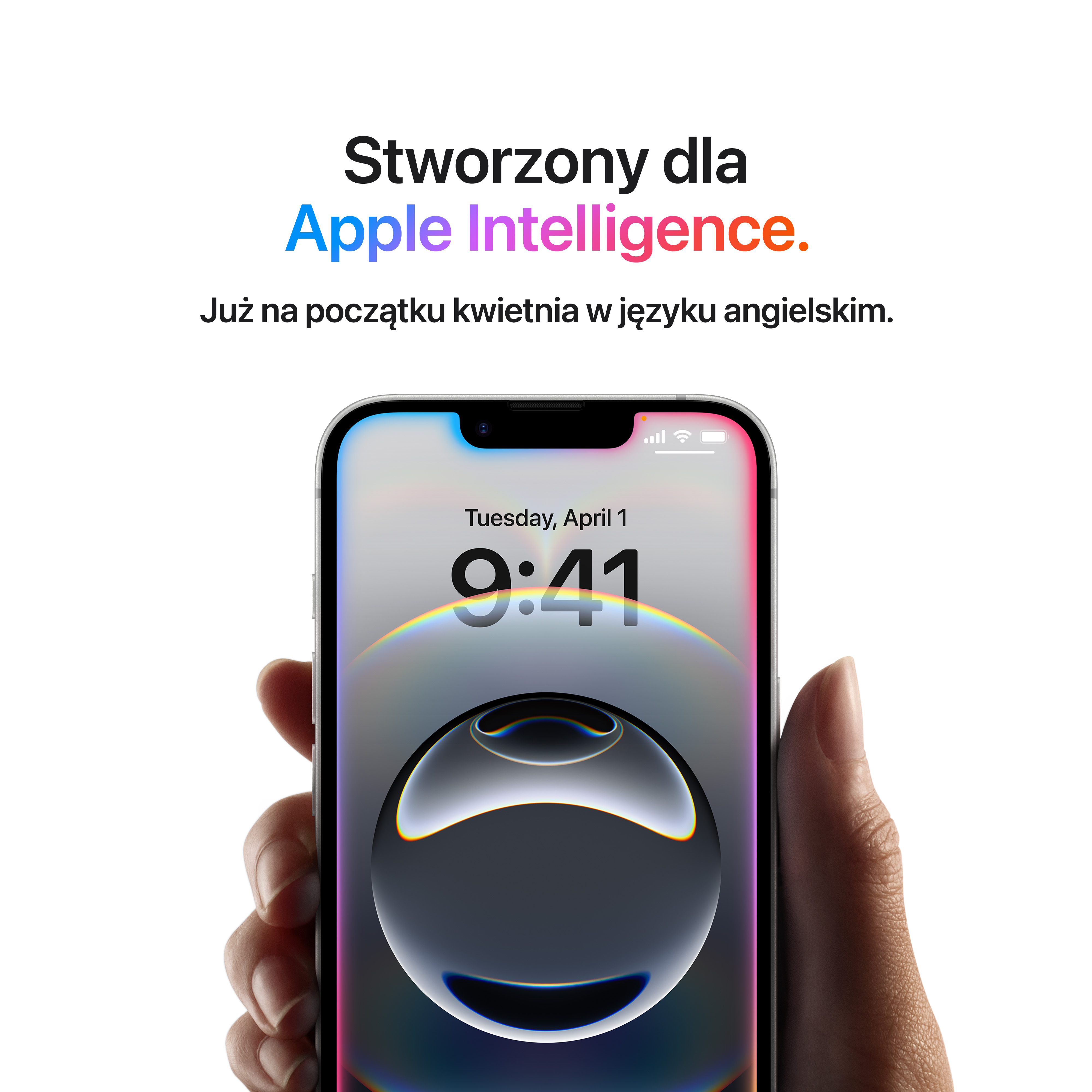 Dłoń trzymająca telefon z wyświetlaczem. Tekst: „Stworzony dla Apple Intelligence”.