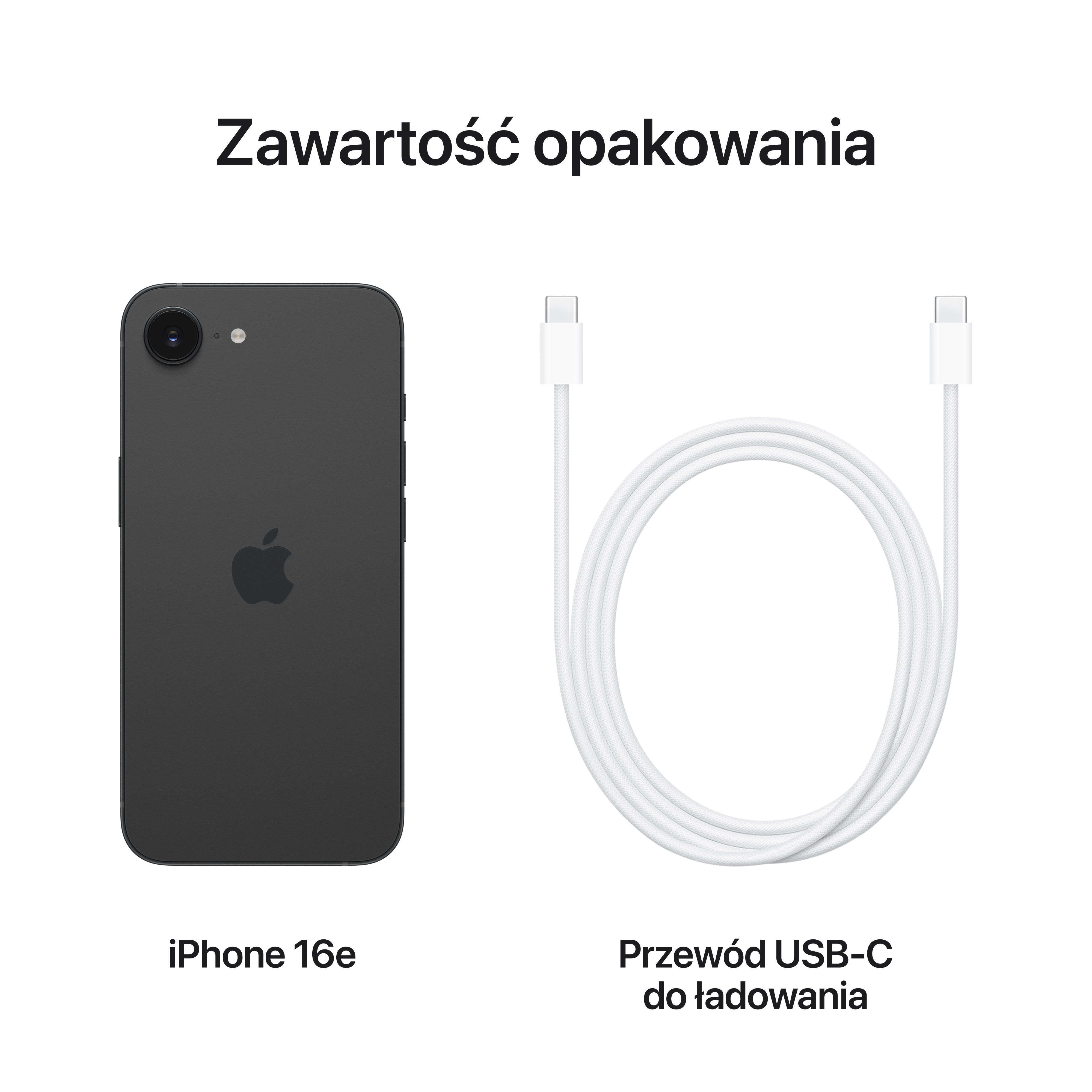 Obraz pokazuje iPhone 16e i kabel do ładowania USB-C. Telefon jest czarny, kabel biały. Tekst po polsku.