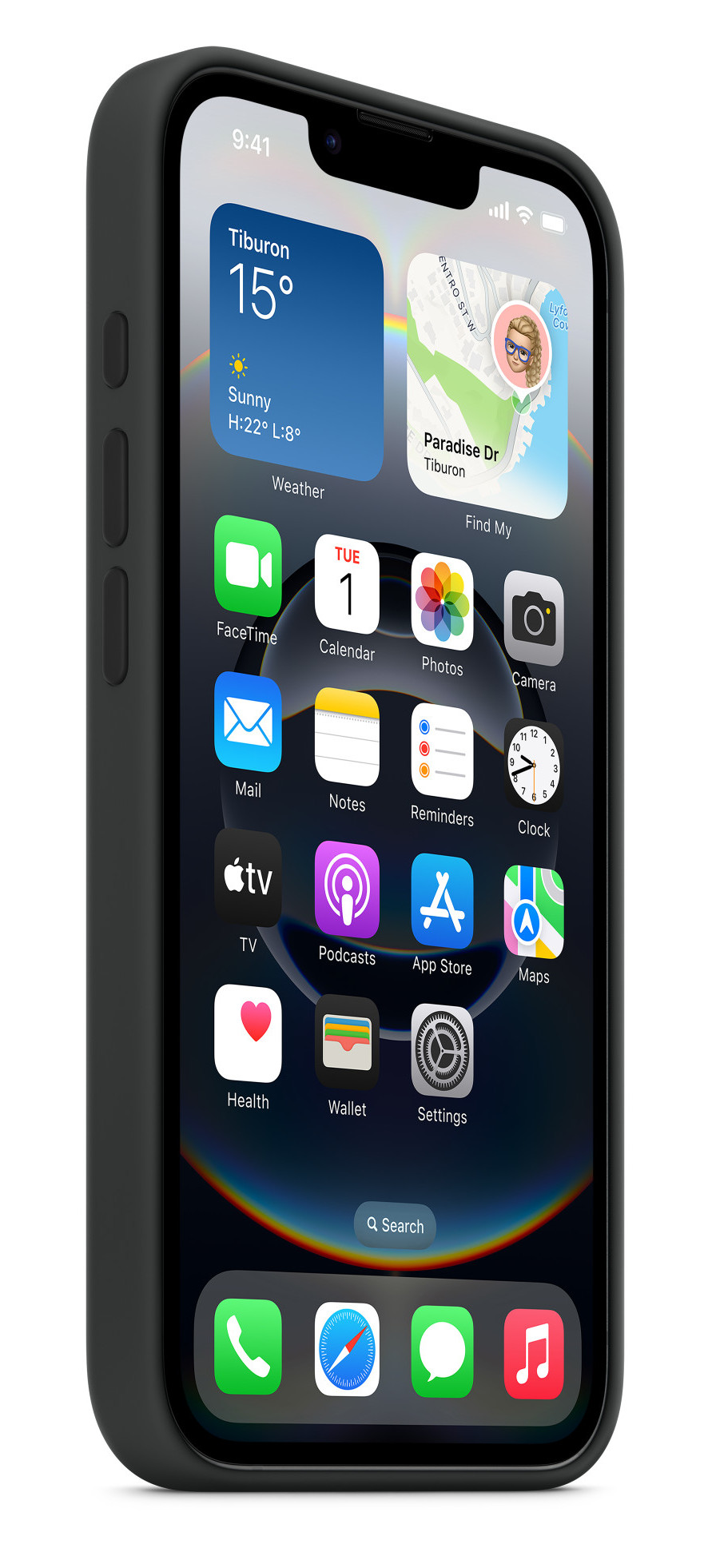 Czarny iPhone w czarnym etui, pokazujący ikony aplikacji na ekranie.