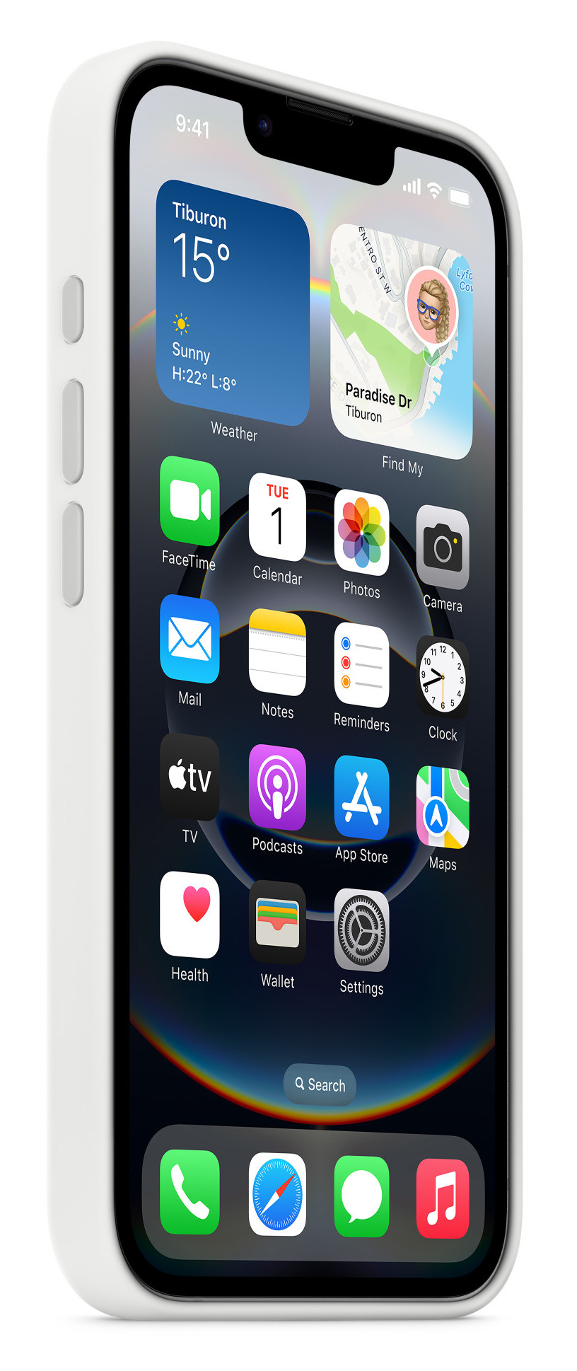 iPhone z białą obudową, wyświetlający ekran główny z ikonami aplikacji. Godzina 9:41.