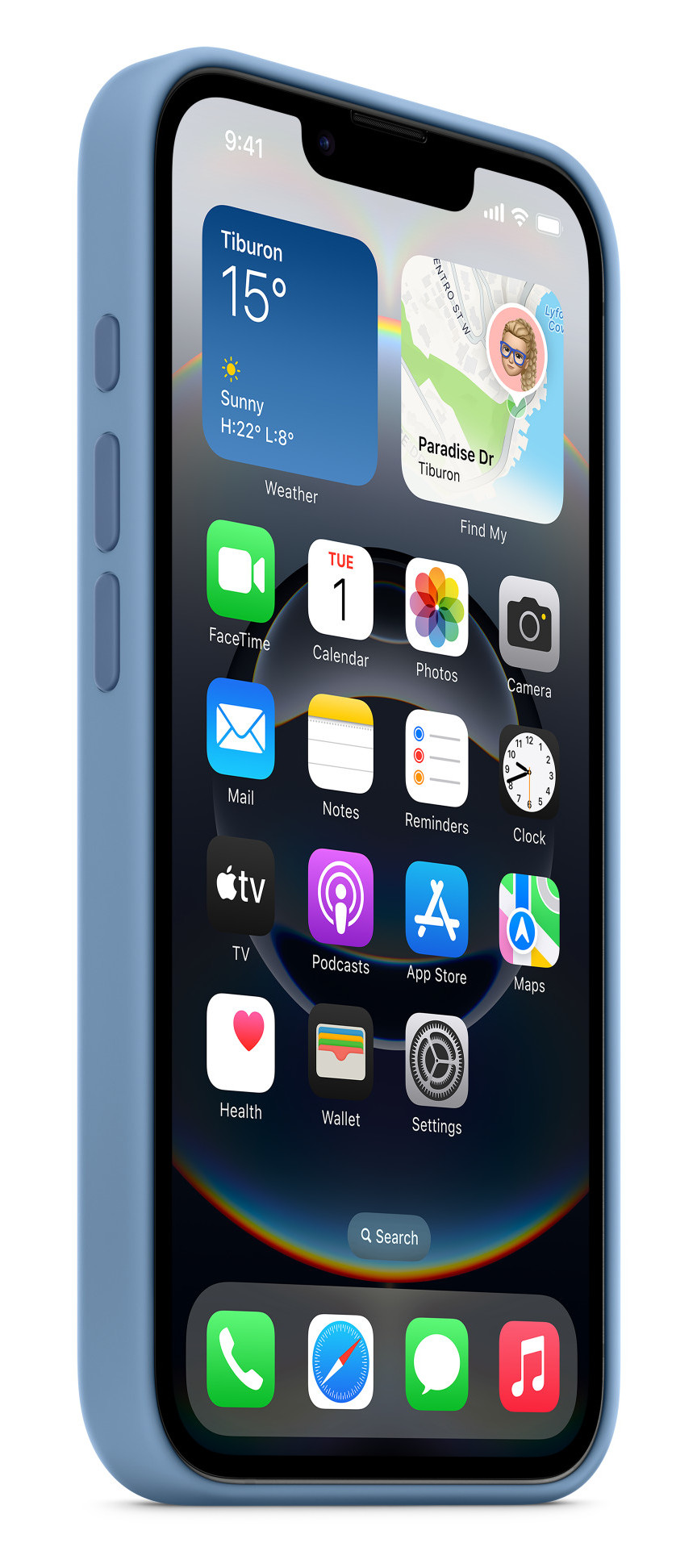 Niebieski iPhone w niebieskim etui, pokazujący ikony aplikacji na ekranie.