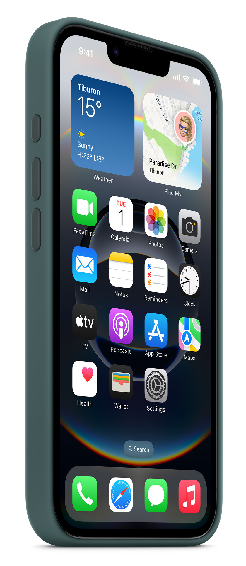 Smartfon z turkusowym etui, pokazujący pogodę, aplikacje i mapę.