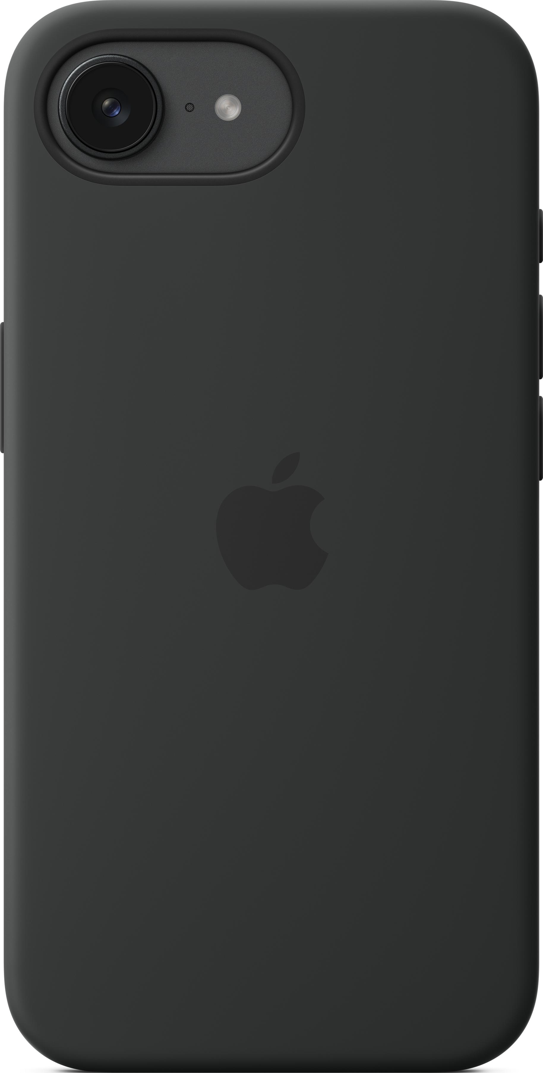 Une coque de téléphone noire avec le logo Apple et un objectif d'appareil photo.