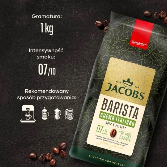 Torba kawy Jacobs. Odważny Barista, intensywność 07/10. 1 kg. Rozrzucone ziarna kawy.