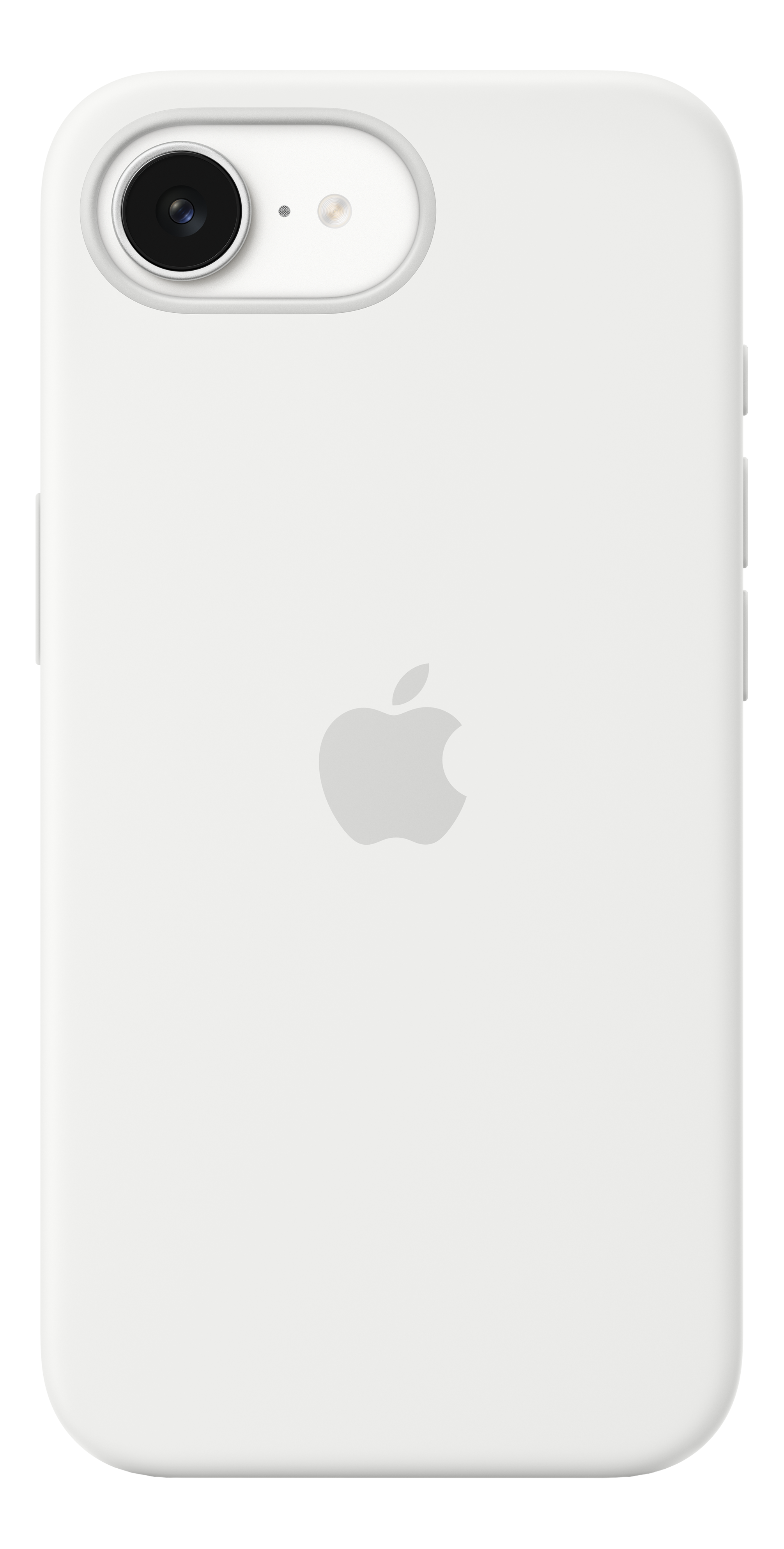 iPhone blanc avec coque blanche. Le logo Apple est visible au centre.