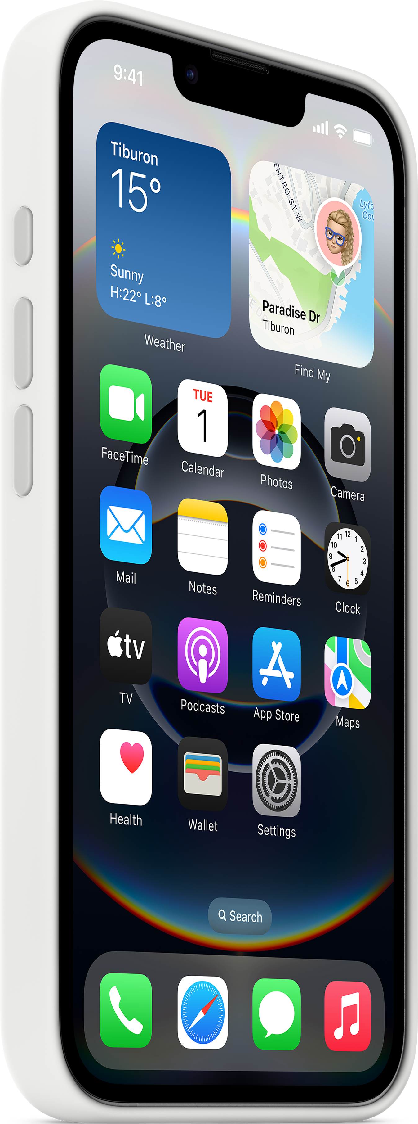 iPhone avec étui blanc affichant l'écran d'accueil avec des applications, météo, calendrier, et localiser.