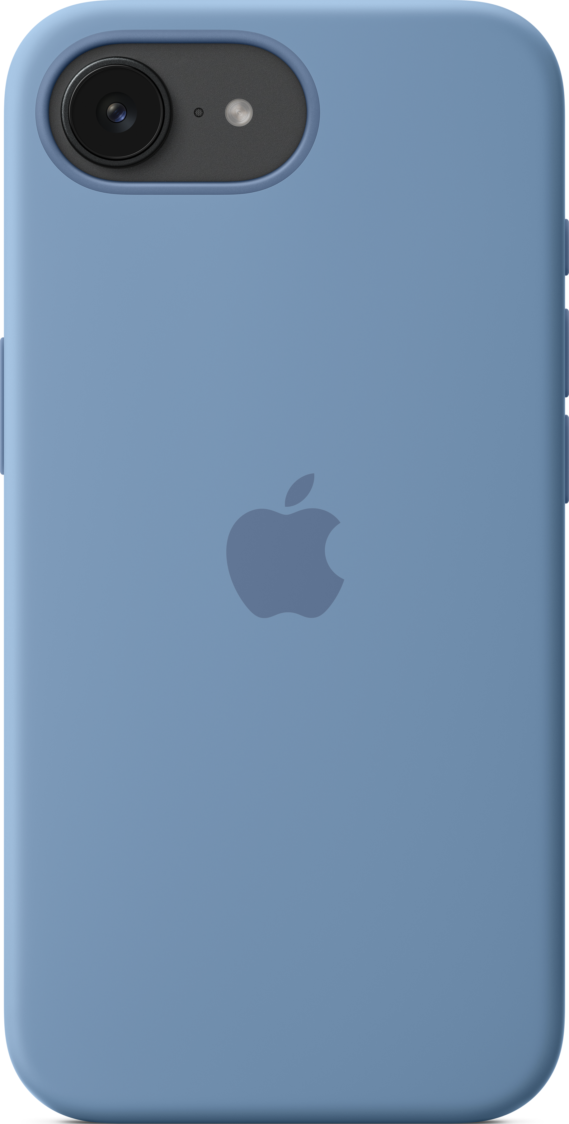 Coque iPhone bleue avec logo Apple. Couleur bleue unie. Objectif de la caméra visible.