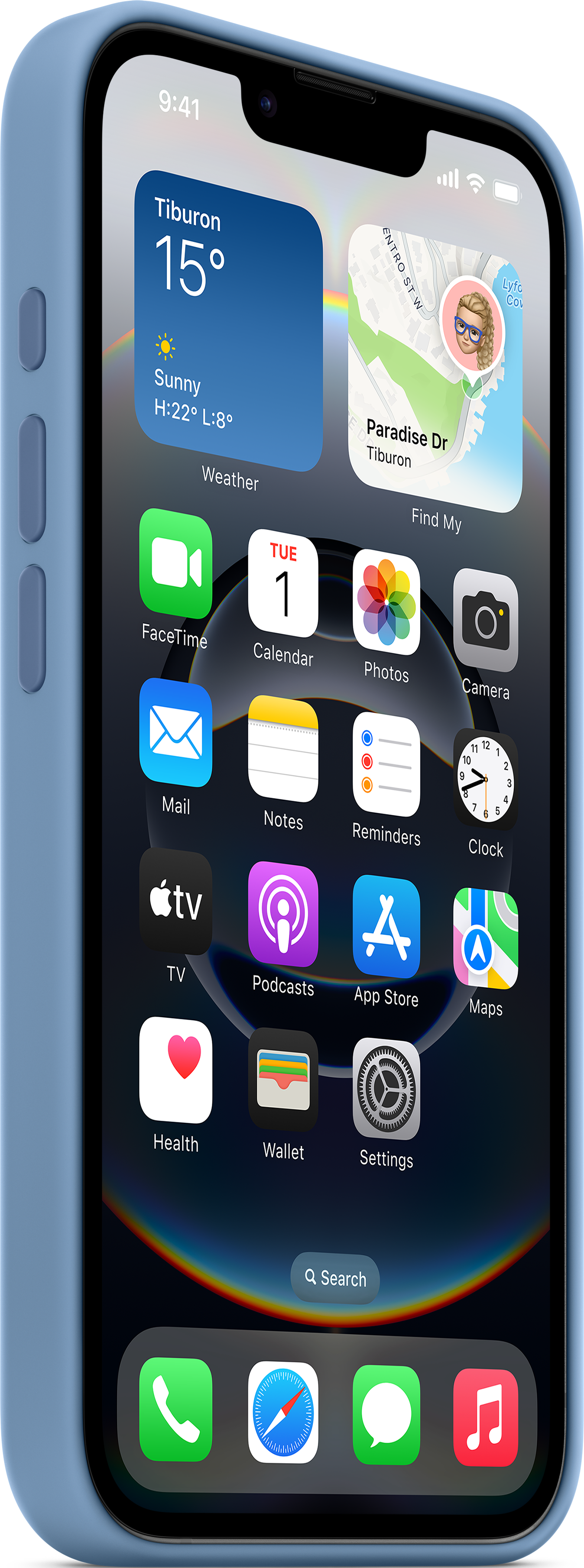 Coque de téléphone bleue avec un iPhone affichant un écran d'accueil avec des applications et des widgets.