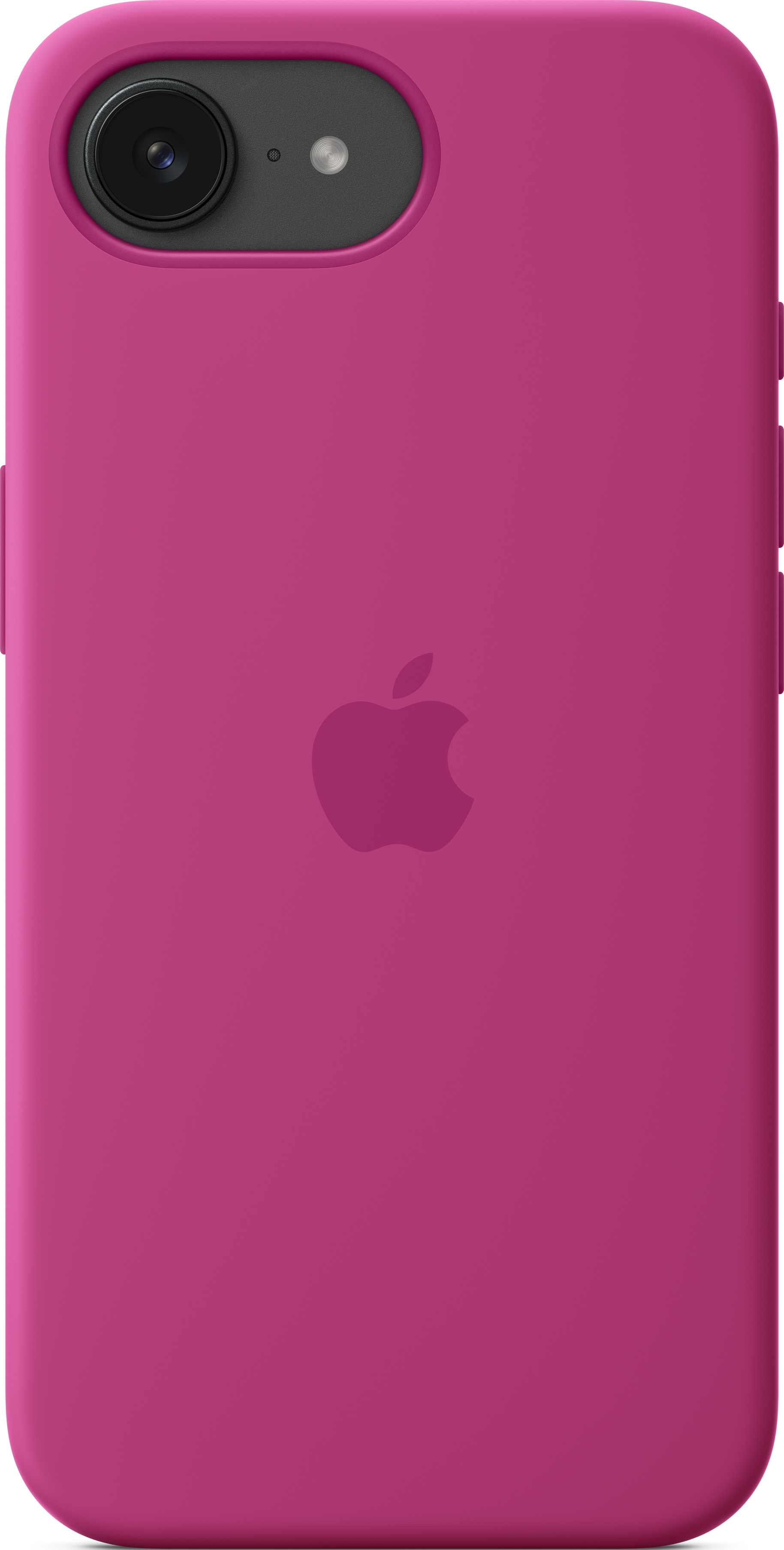 Coque iPhone magenta avec le logo Apple. Objectif de l'appareil photo en haut.