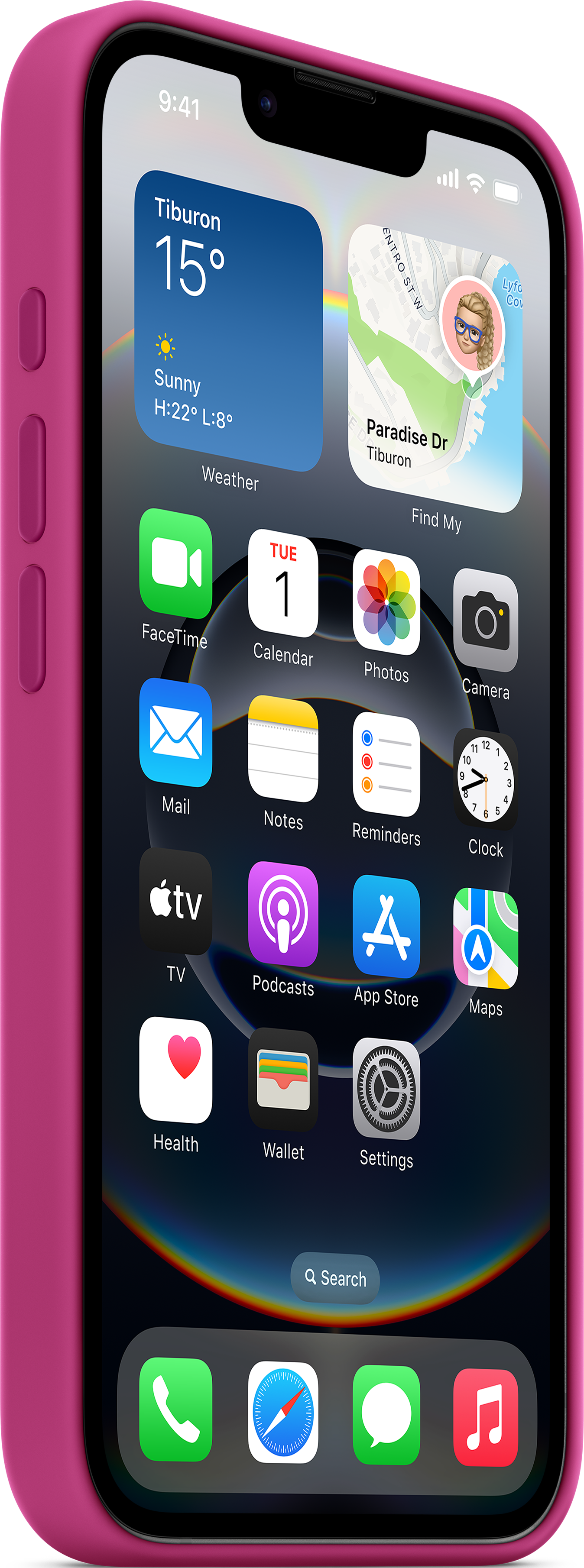Smartphone avec un étui rose affichant des icônes d'applications.