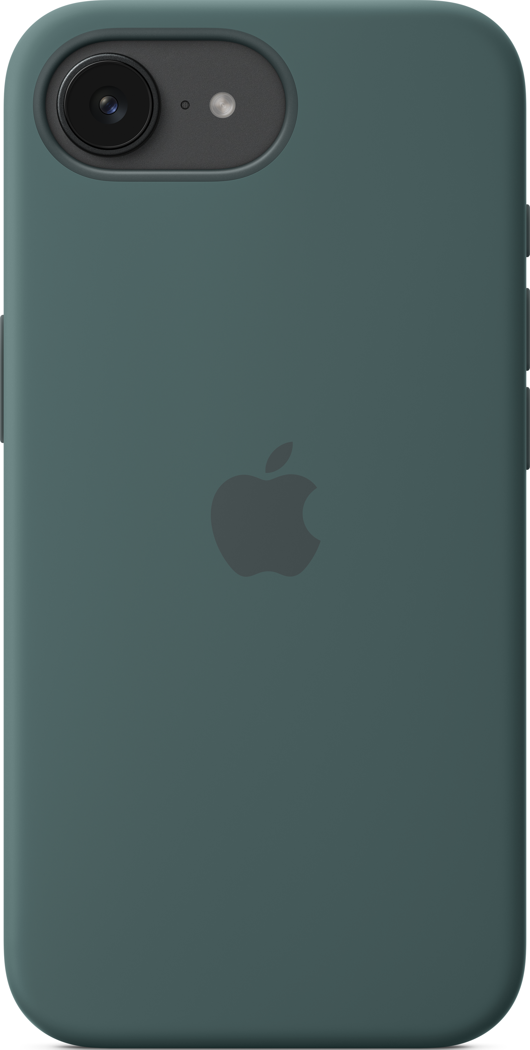 Une coque de téléphone vert foncé avec un logo Apple. La caméra est visible en haut.