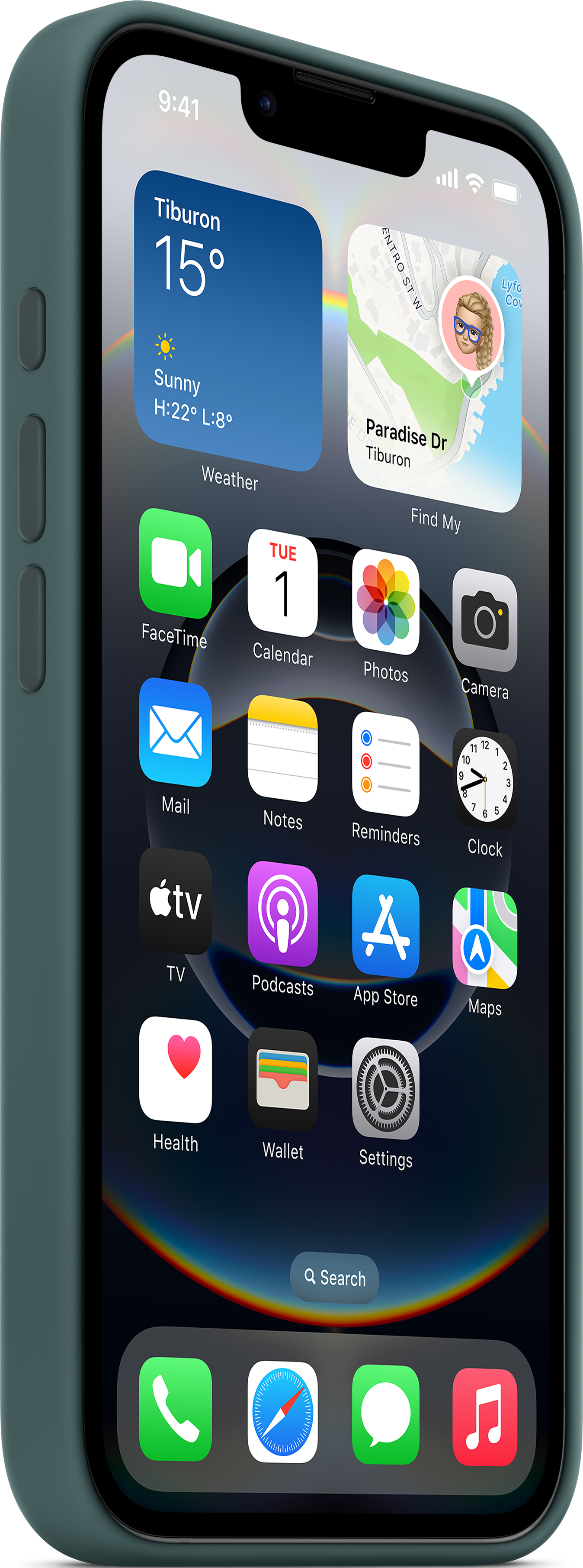 iPhone dans un étui sarcelle, affichant les icônes d'applications à l'écran.