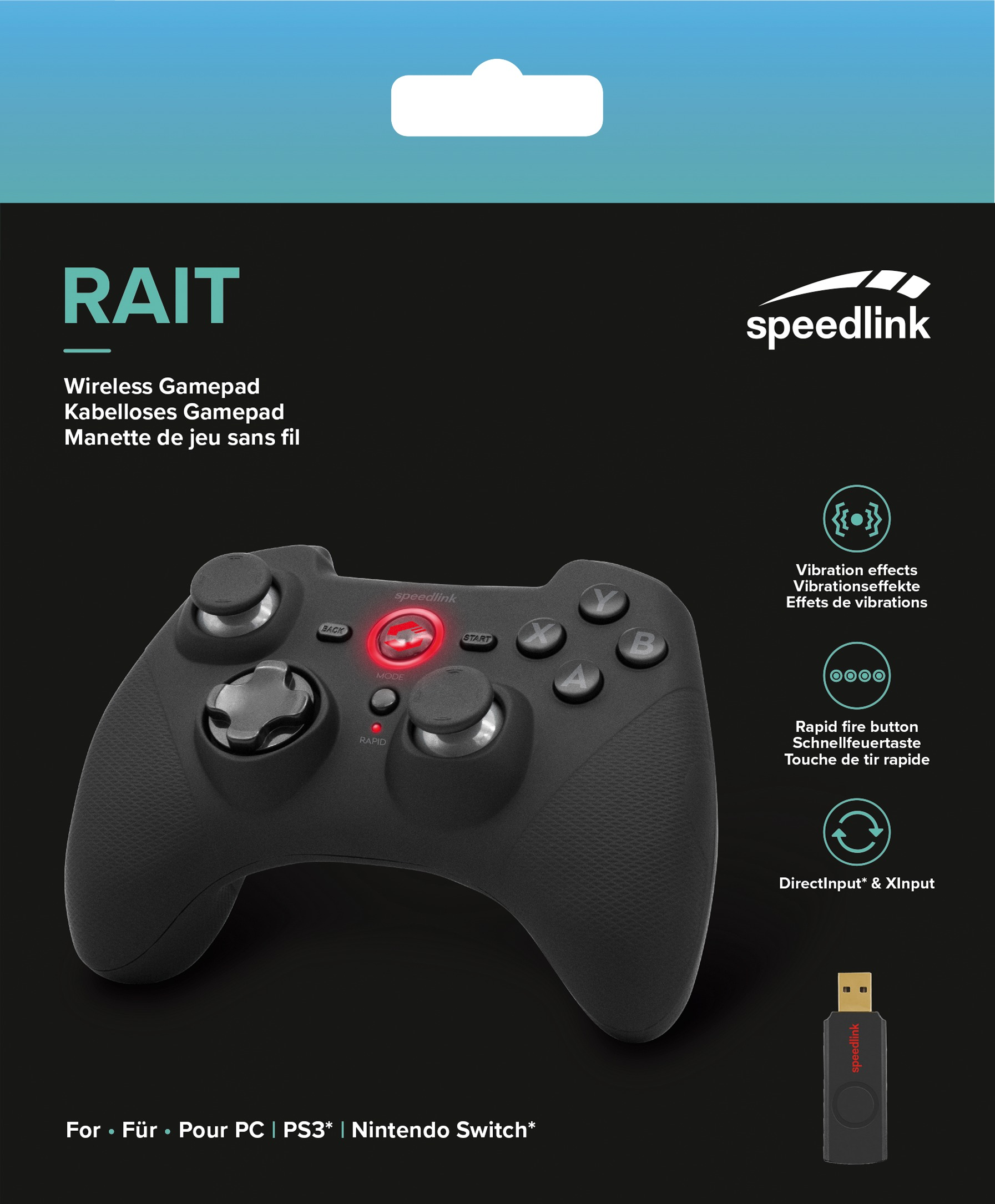Schwarzes Gamepad mit Knöpfen und USB-Empfänger. Text: Wireless Gamepad, DirectInput & Xinput.