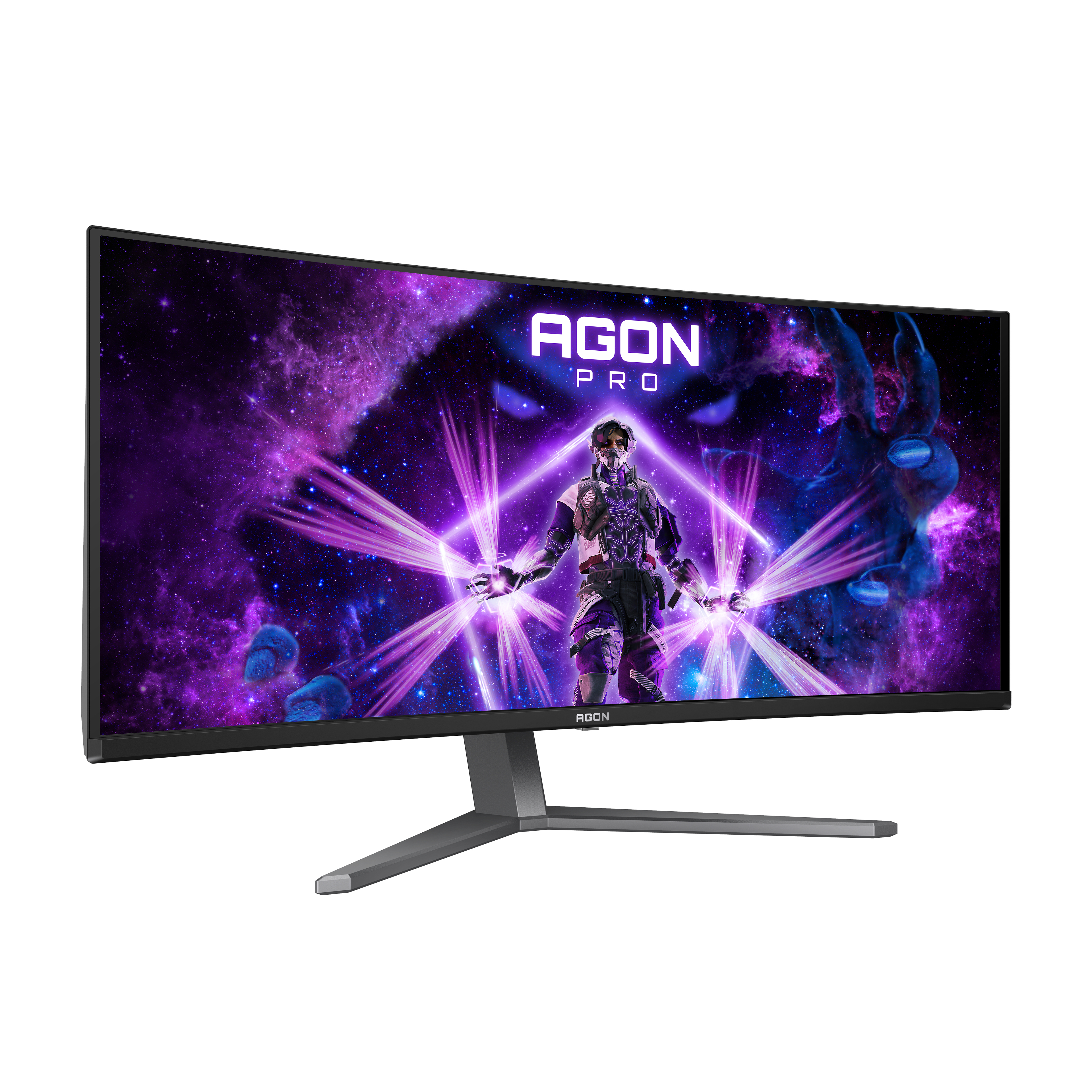 Gebogener Gaming-Monitor, der eine farbenfrohe Spielszene mit einer Figur anzeigt.