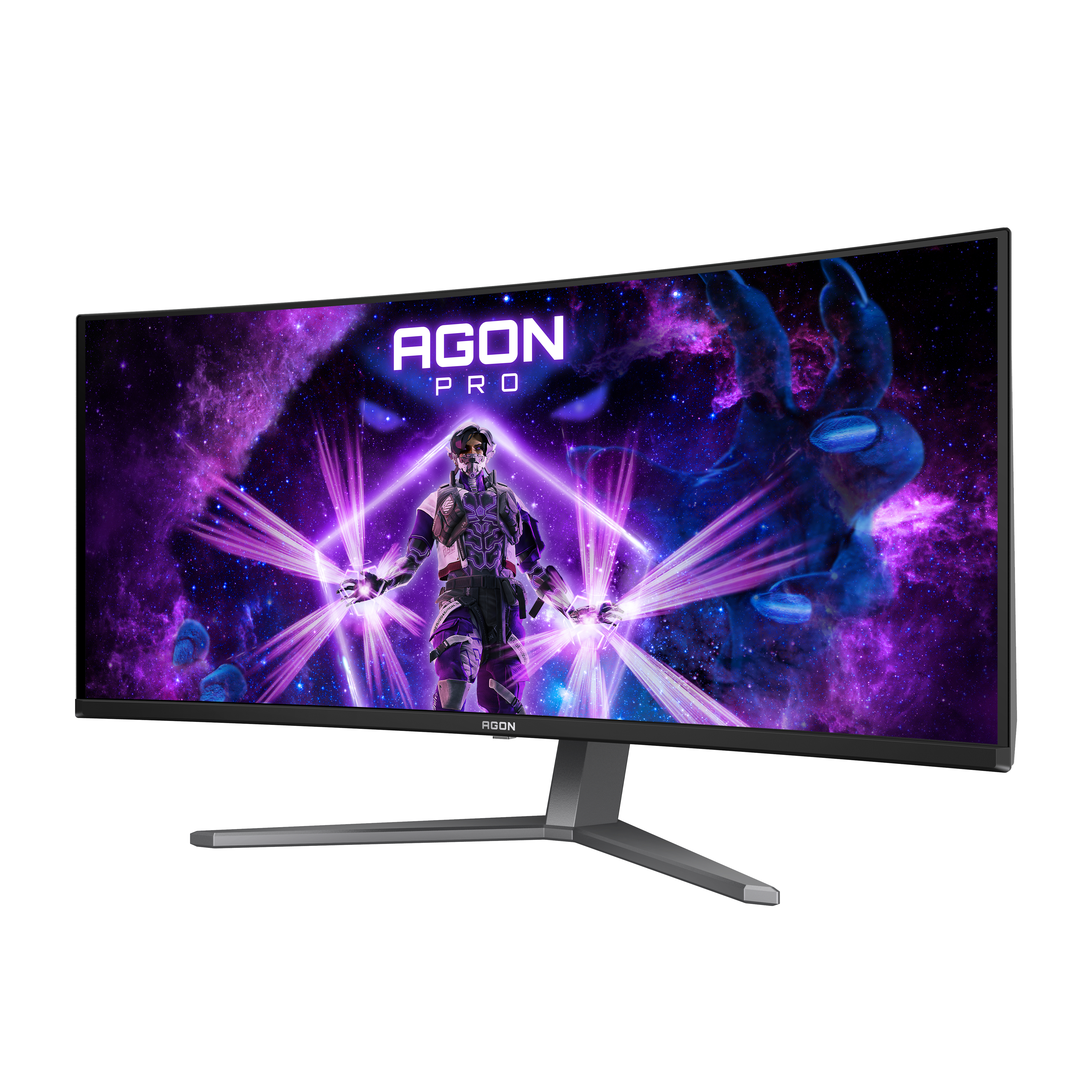 Gaming-Monitor, gewölbter Bildschirm, Gamer davor, lila Hintergrund.