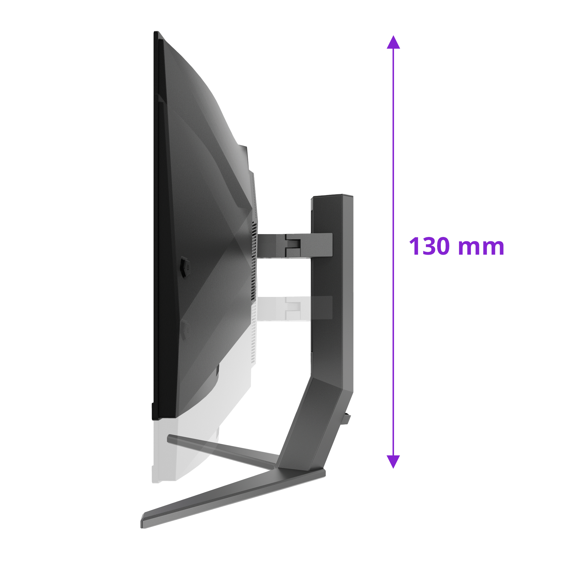 Seitenansicht eines schwarzen, gebogenen Monitors mit Ständer, Höhenmessung.