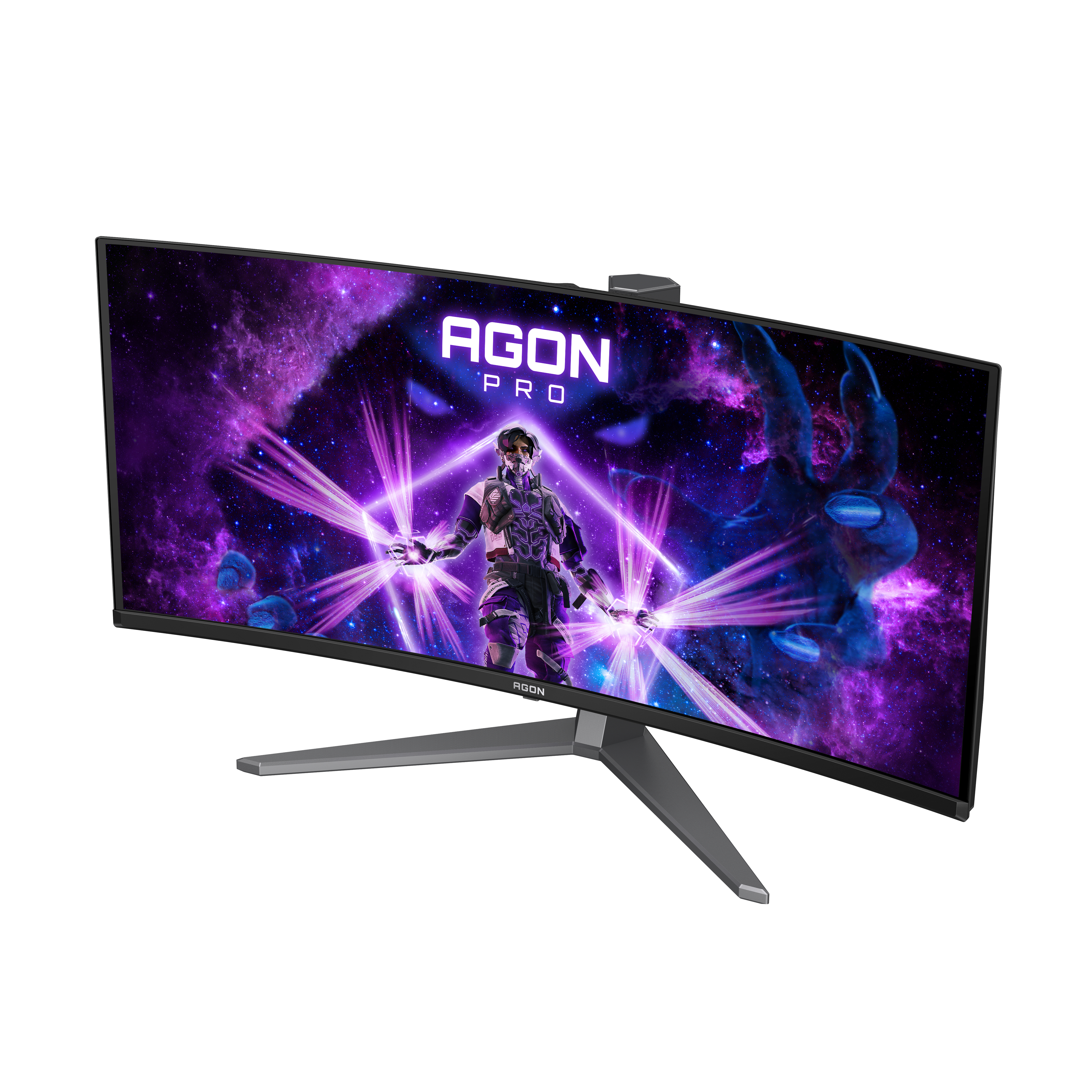 Ein AGON PRO Curved Monitor mit Spielgrafik. Er steht auf einem silbernen Ständer.