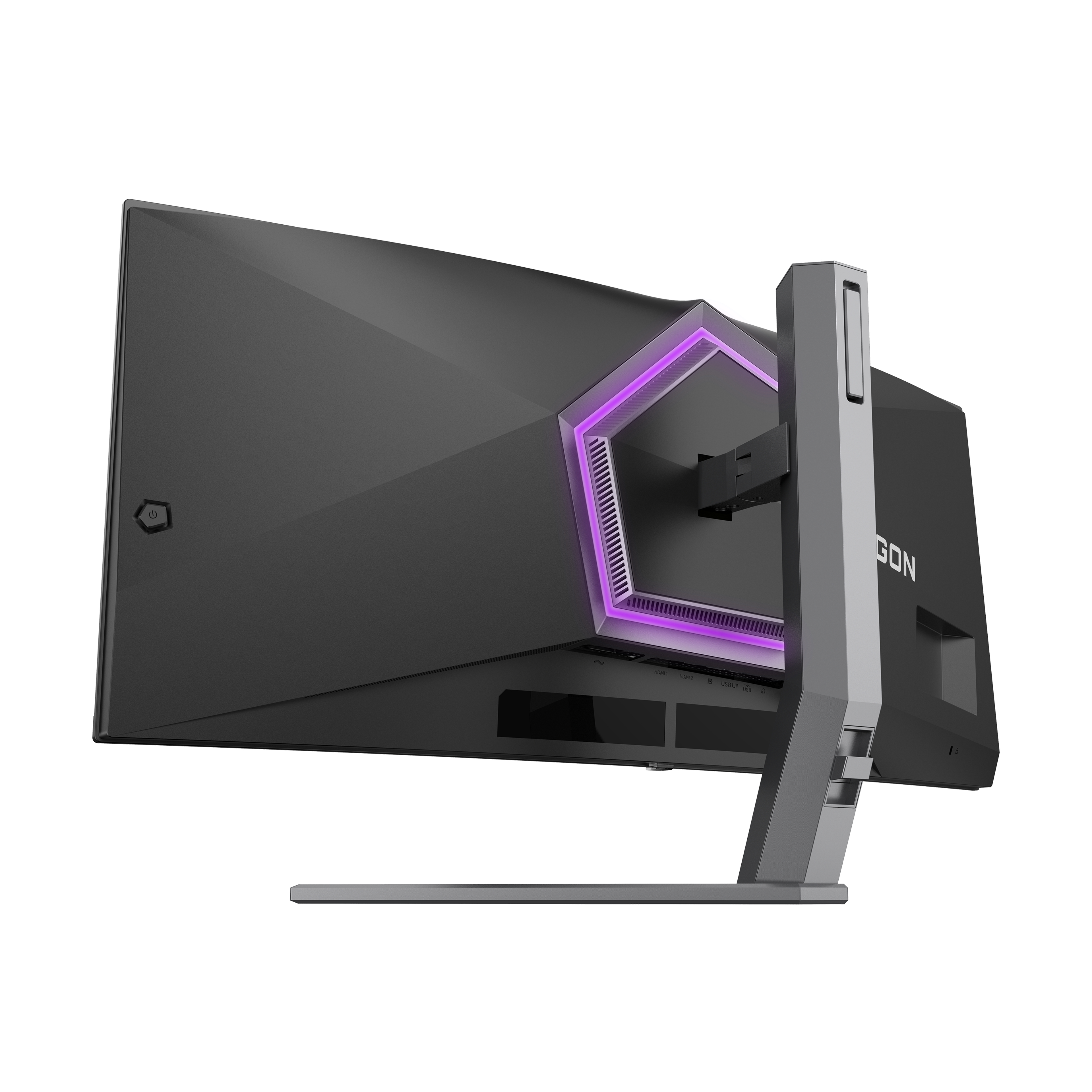 Ein Gaming-Monitor von hinten, mit einem lila beleuchteten Design.