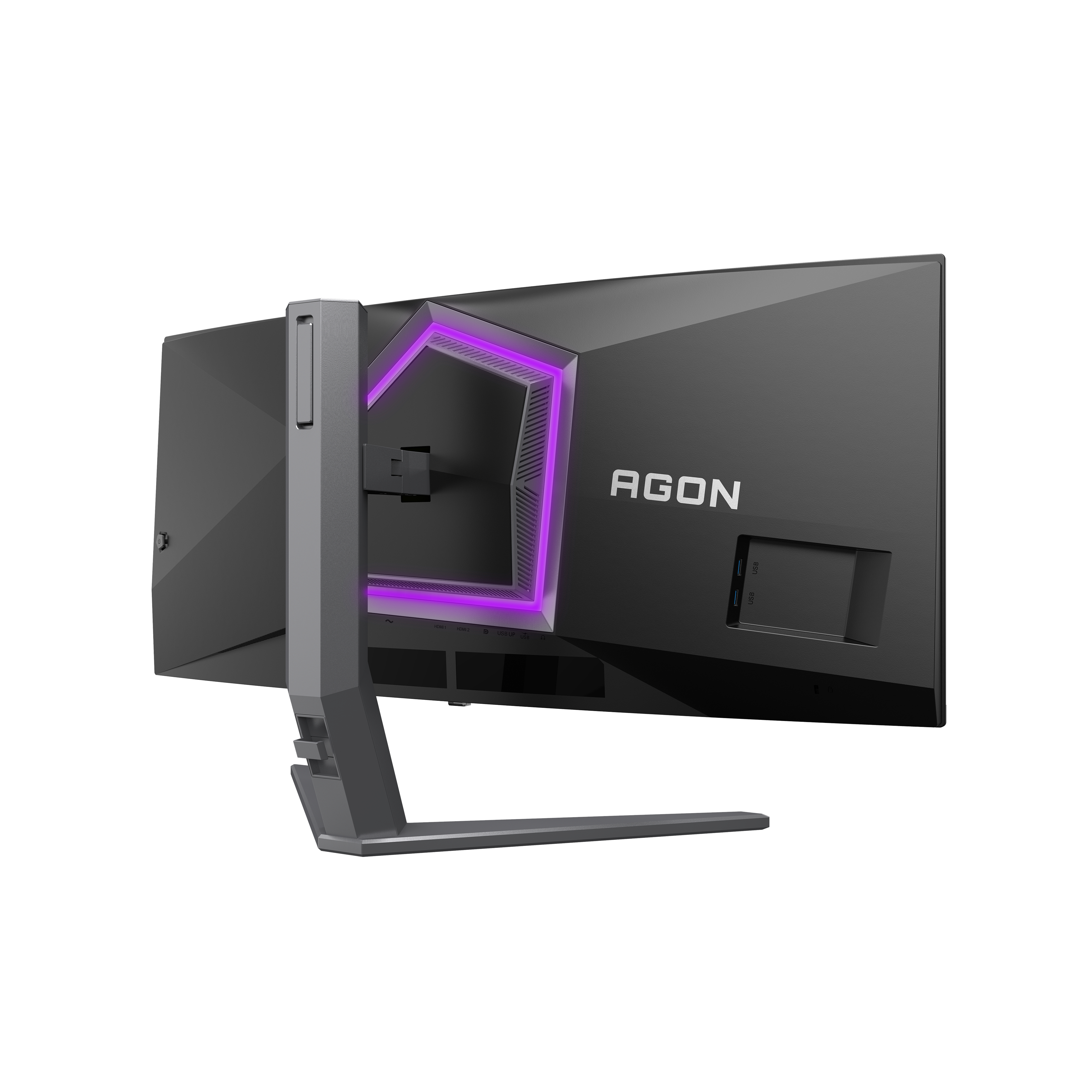 Rückansicht eines schwarzen Monitors mit AGON-Logo. Der Ständer ist silber. Ein violettes Licht ist sichtbar.