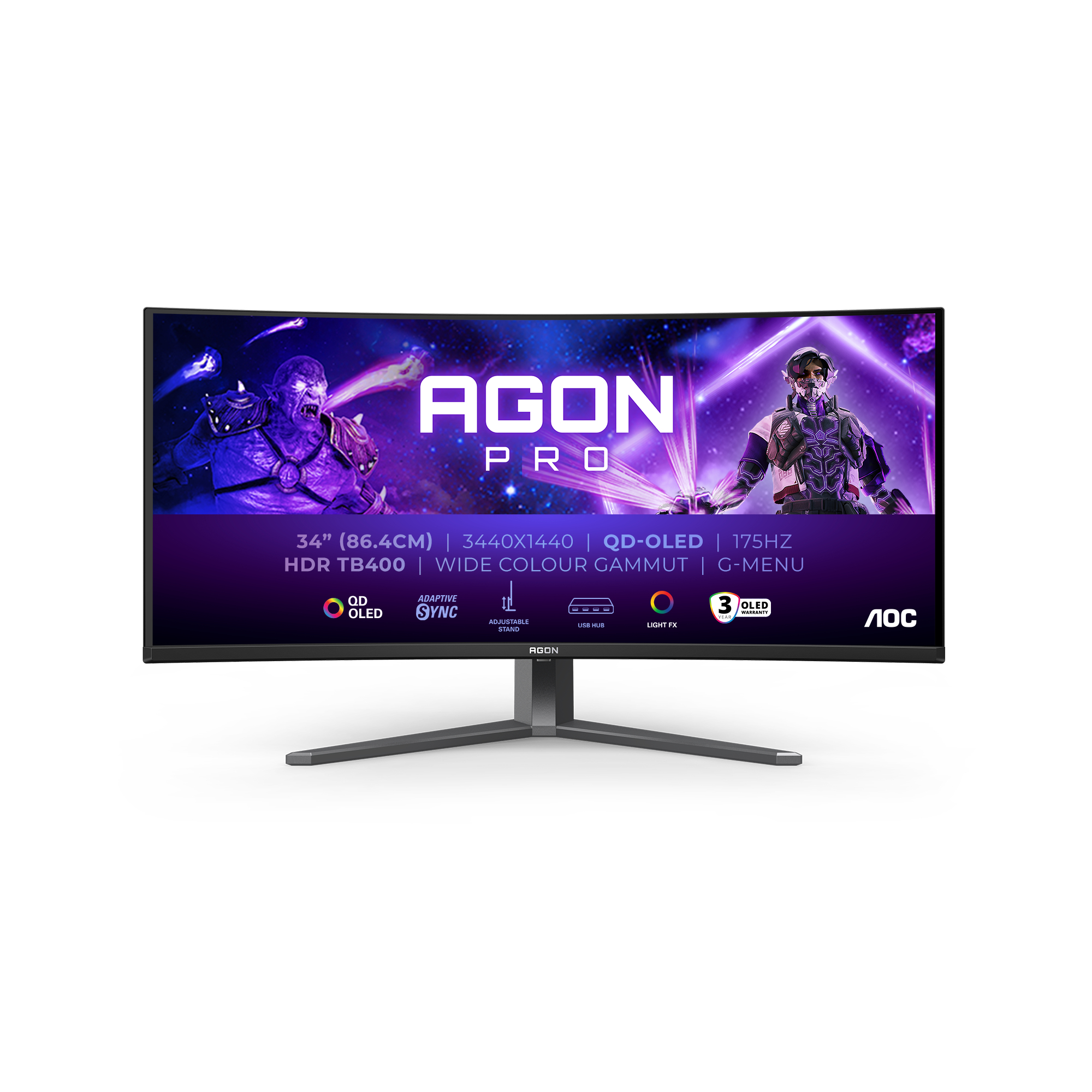 Gebogener Monitor mit AGON Pro Logo. Ein Gamer ist auf dem Bildschirm. Schwarzer und silberner Ständer.