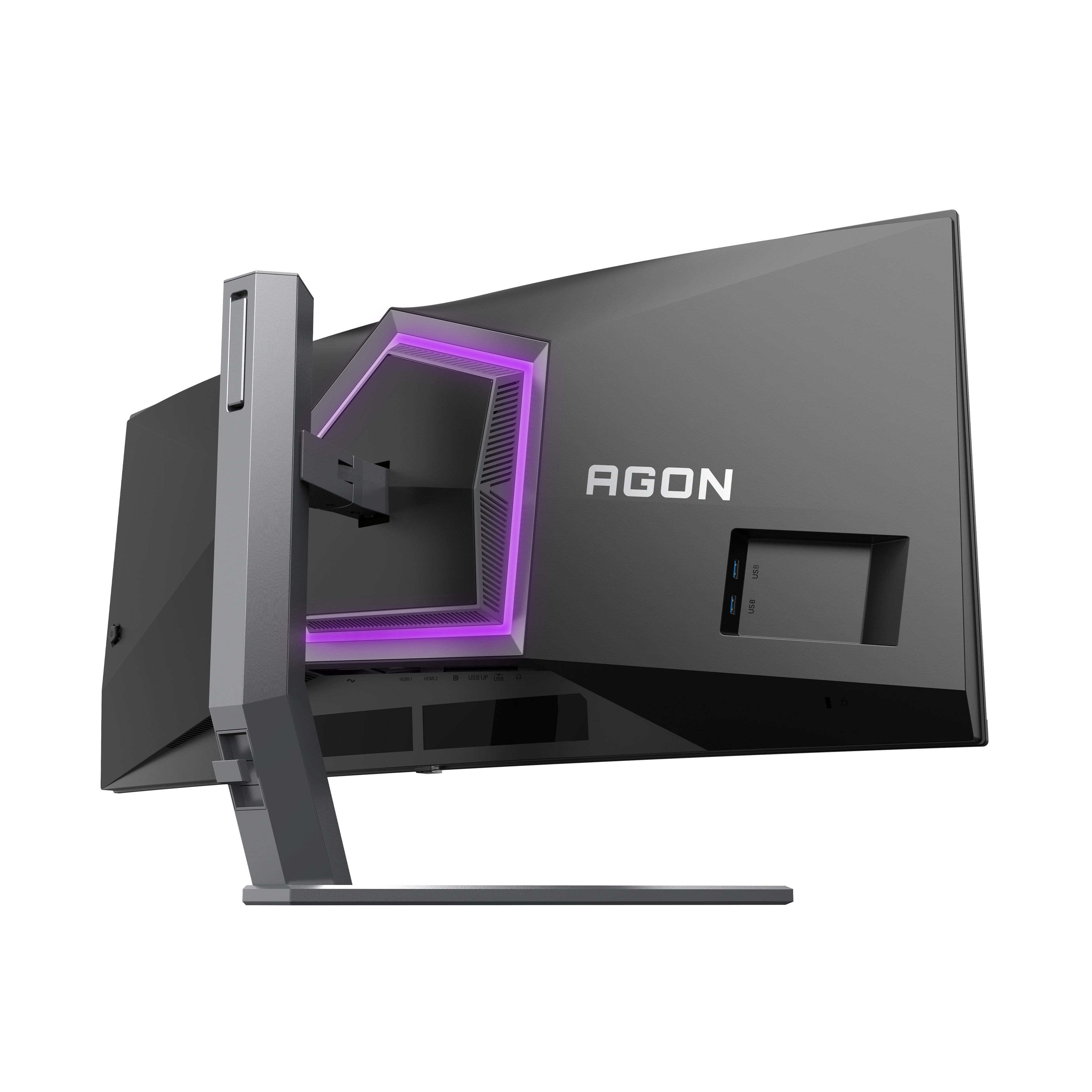 Rückseite eines Computermonitors, schwarz mit violettem Licht.