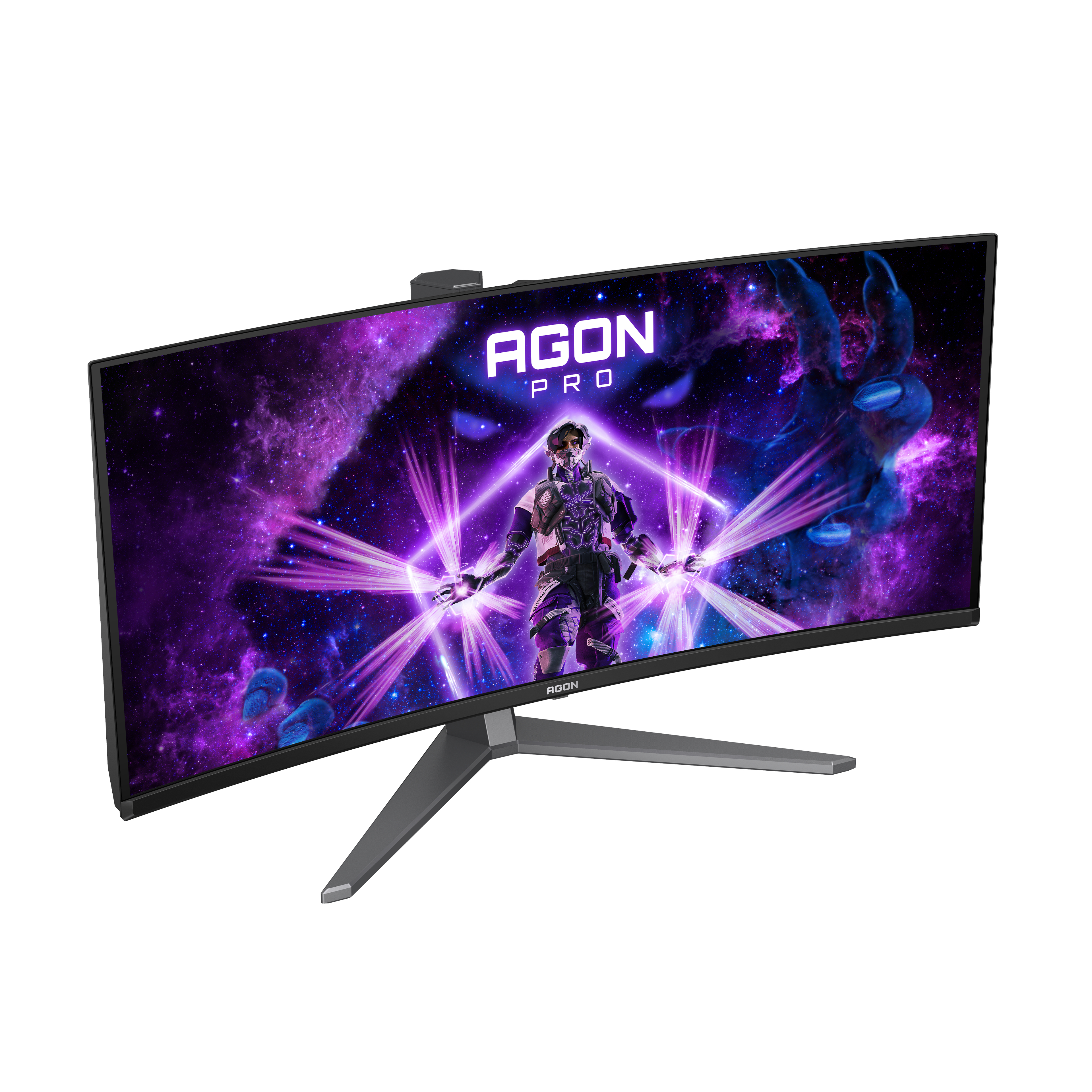 Gebogener Monitor mit Spielszene. AGON Pro Logo. Schwarzer und silberner Ständer. Gamer auf dem Bildschirm.