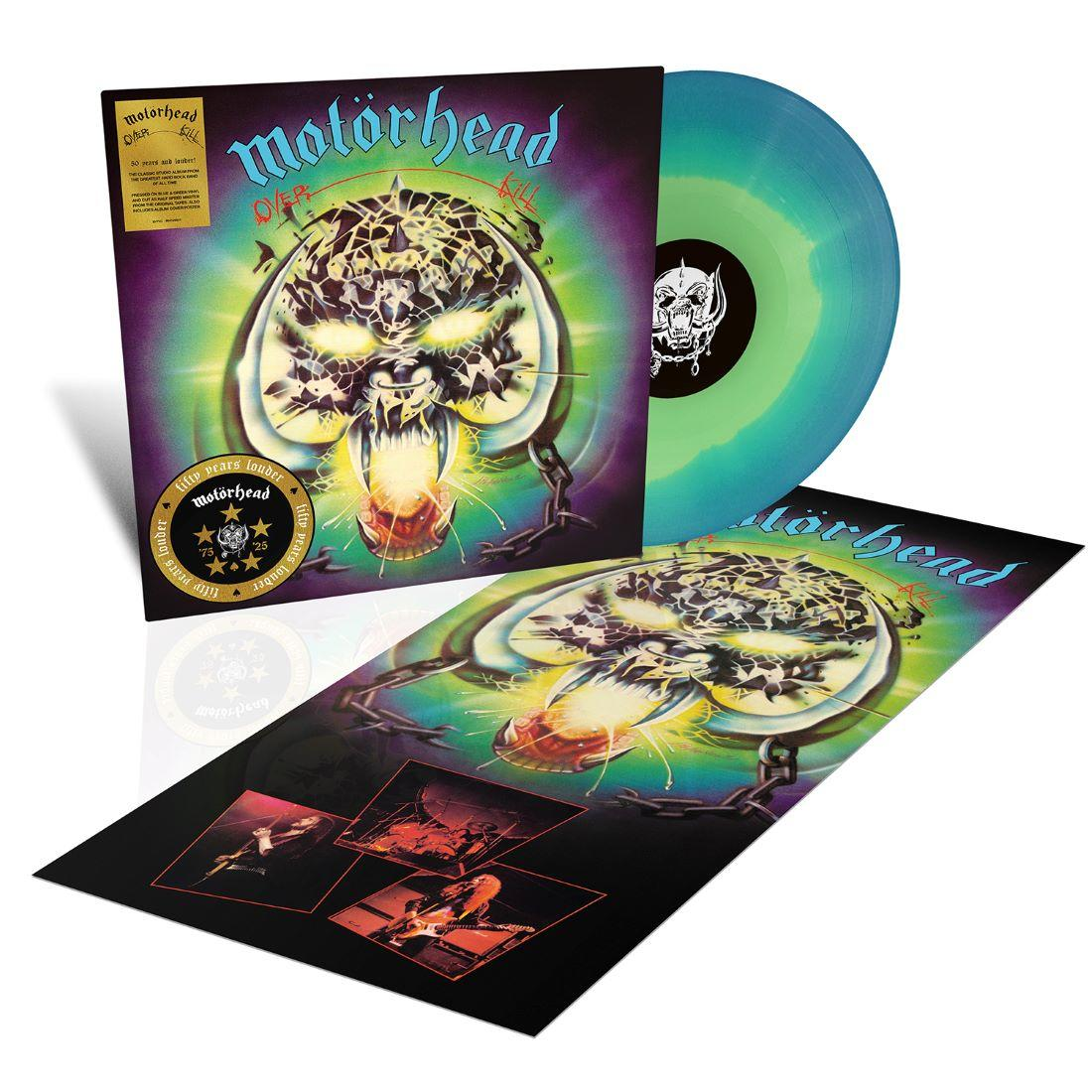 Een vinylplaat met een hoes met de band Motorhead en albumkunst.