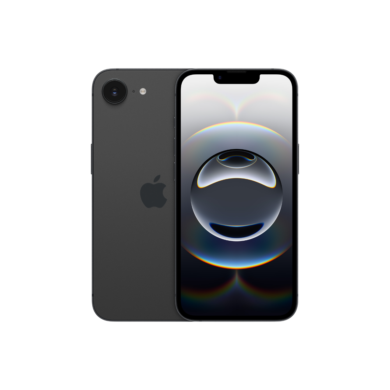 İki siyah iPhone SE, biri ön, biri arka. Apple logosu görünür. Siyah arka plan.