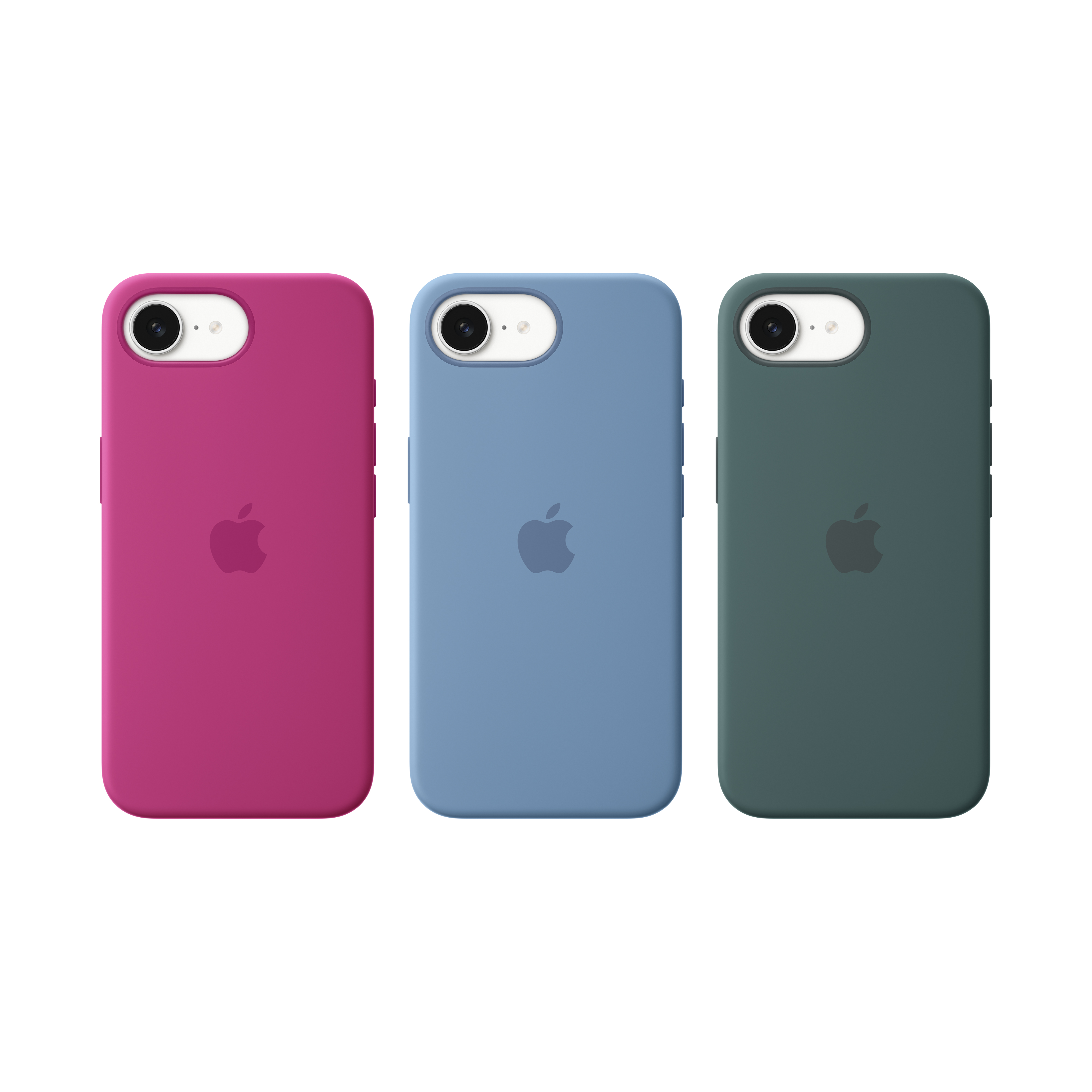 Pembe, mavi ve yeşil renklerde üç telefon kılıfı. Her kılıfın bir Apple logosu var.