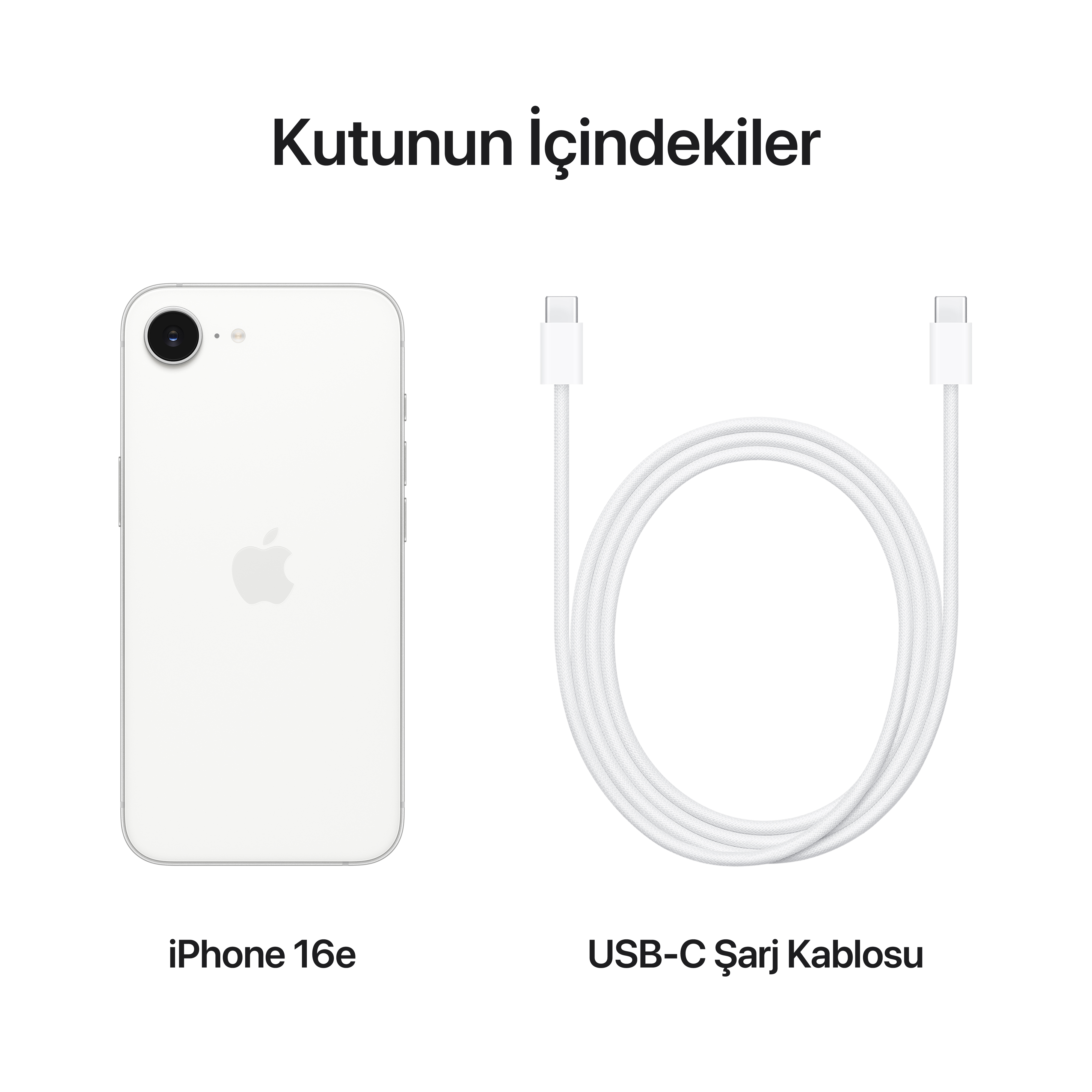Bir iPhone 16e'nin kutu içeriği. Kutu, telefonu ve bir USB-C şarj kablosunu içerir.